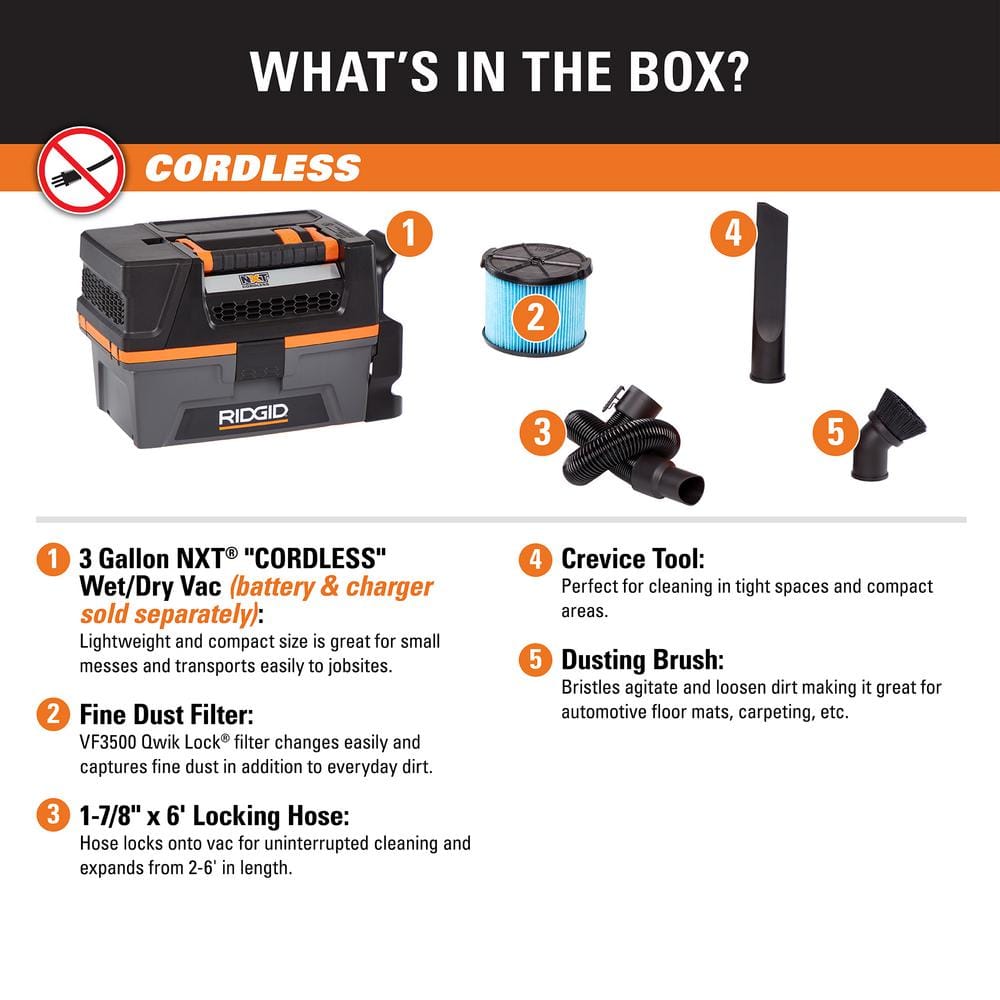 RIDGID HD0318 3 Gallon 18-Volt Cordless Handheld NXT Wet/Dry Shop Vacuum (Tool Only) with Filter. Expandable Hose and Accessories