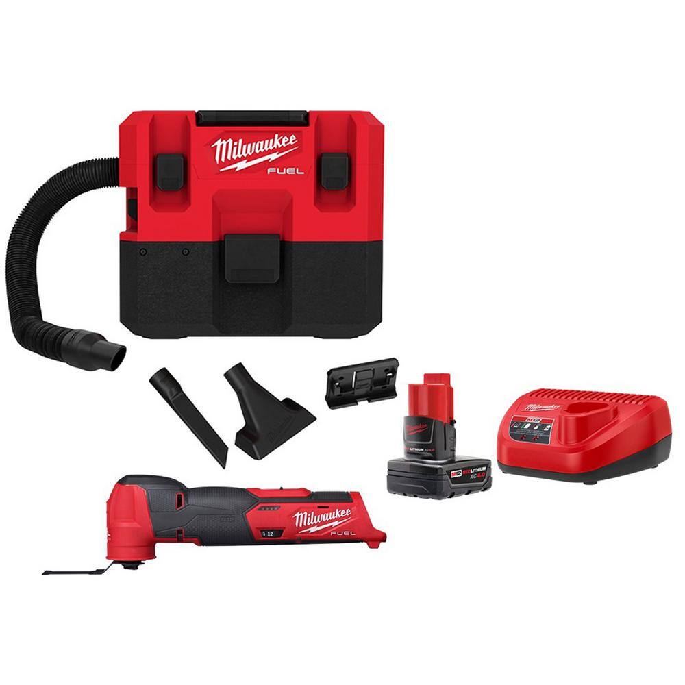 Milwaukee 0960-20-48-59-2440-2526-20 M12 FUEL 12-Volt Lithium-Ion Cordless 1.6 Gal. Wet/Dry Vacuum and Oscillating Multi-Tool with 4.0 Ah Battery and Charger