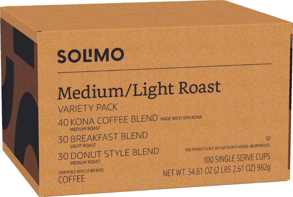 Solimo Variety Pack Light and Medium Roast Coffee Pods (Kona. Breakfast. Donut). Compatible with Keurig 2.0 K-Cup Brewers. 100 Count