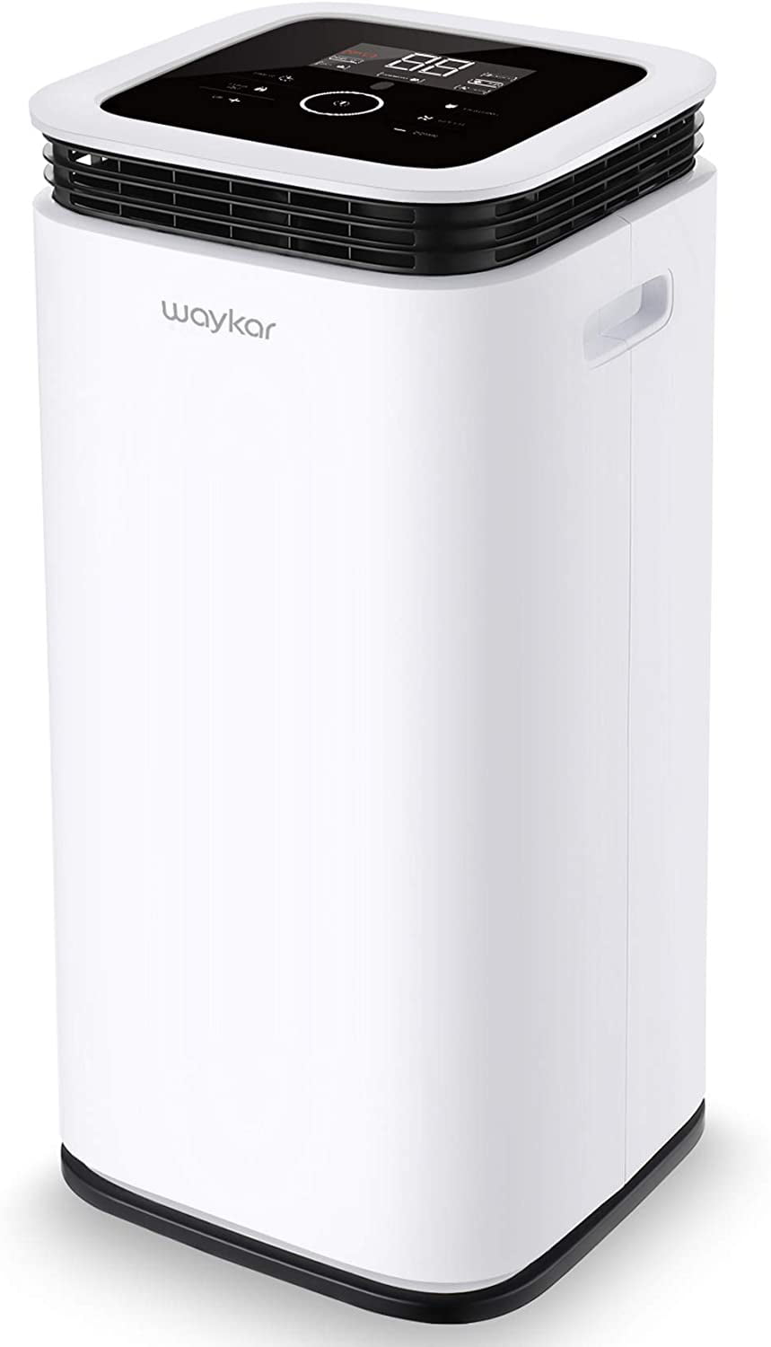 Waykar 70 Pints Dehumidifier for Basement and Home with Drain Hose. Spaces up to 4500 Sq Ft. Removes 9 Gallons Moisture/Day. 1.18 Gallons Water Tank and Four Air Outlets