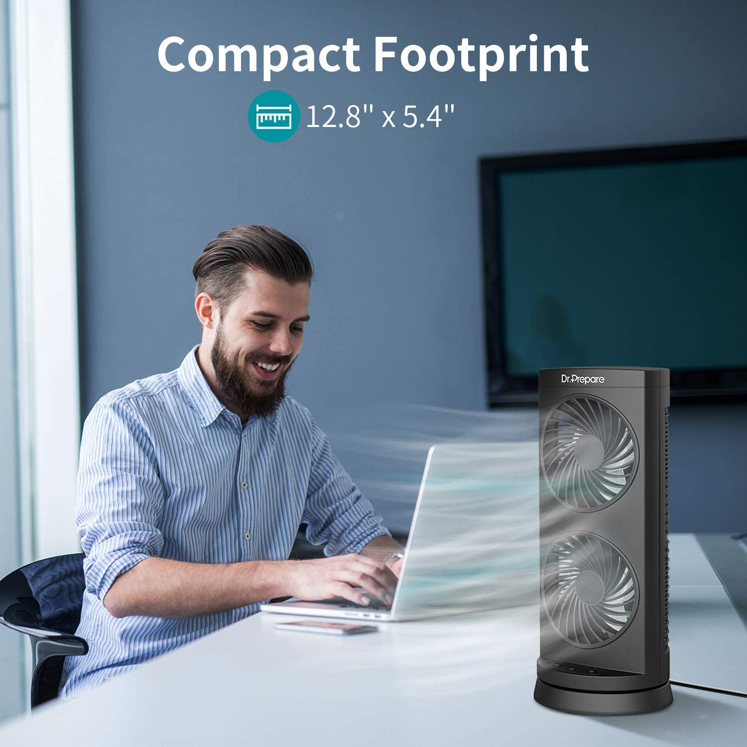 Dr. Prepare Tower Fan Oscillating Fan. Portable Desk Fan with 3-Speed Options. Dual Air Circulation. 110° Oscillation. 3 Timers. Personal Quiet Table Fan for Home Office Desktop Bedroom. 12 inch