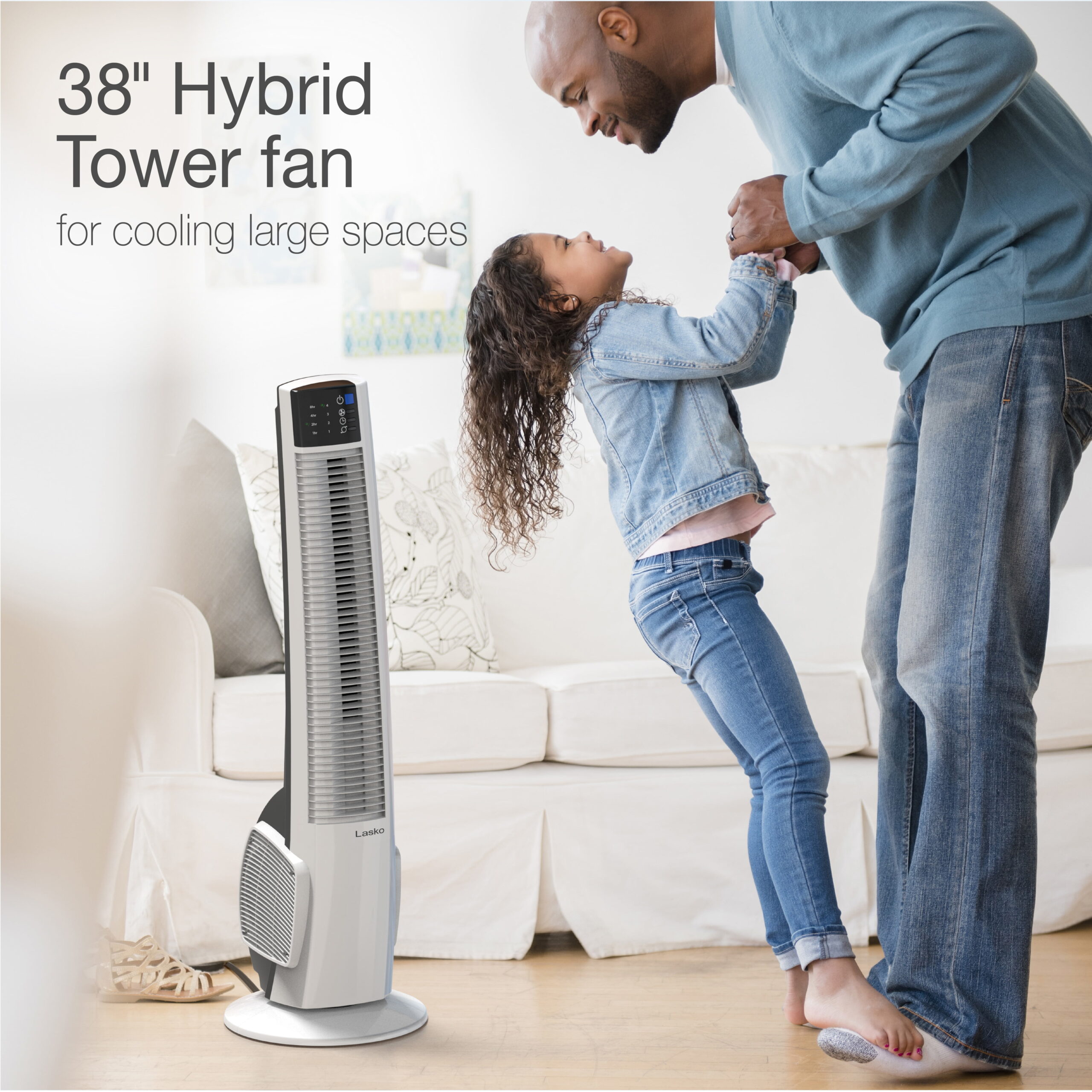 Lasko 4-Speed Oscillating Hybrid Tower Fan with Timer and Remote Control. T38400. White