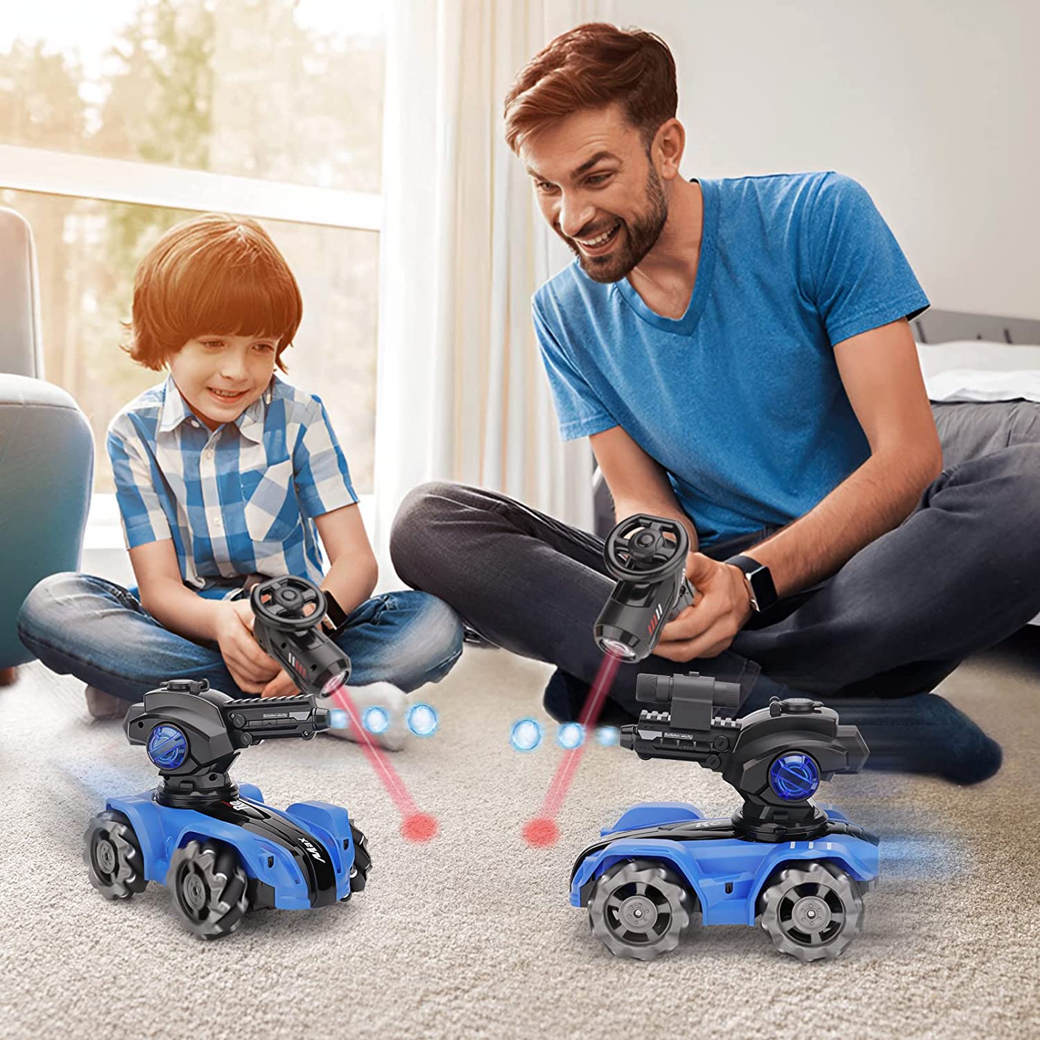 Flend RC 2 Head Tank Car Shooting Water Bombs Remote Control Car Toy 4WD Battle 360°Rotating LED Music Bubble Tank Toy Gifts for Age 6-15 Boys and Girls