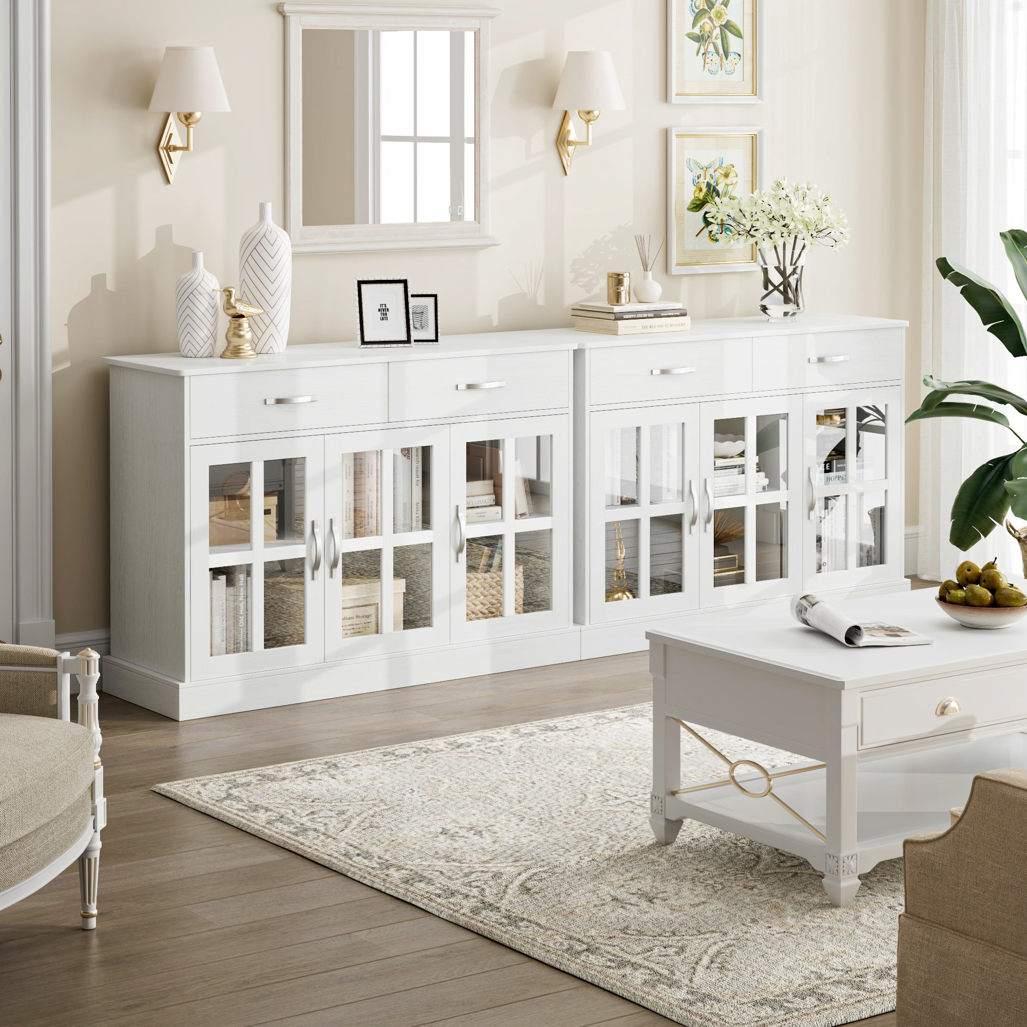 Homfa Buffet Storage Cabinet. Kitchen Sideboard with 3 Doors&2 Drawers for Dining Room. White Finish