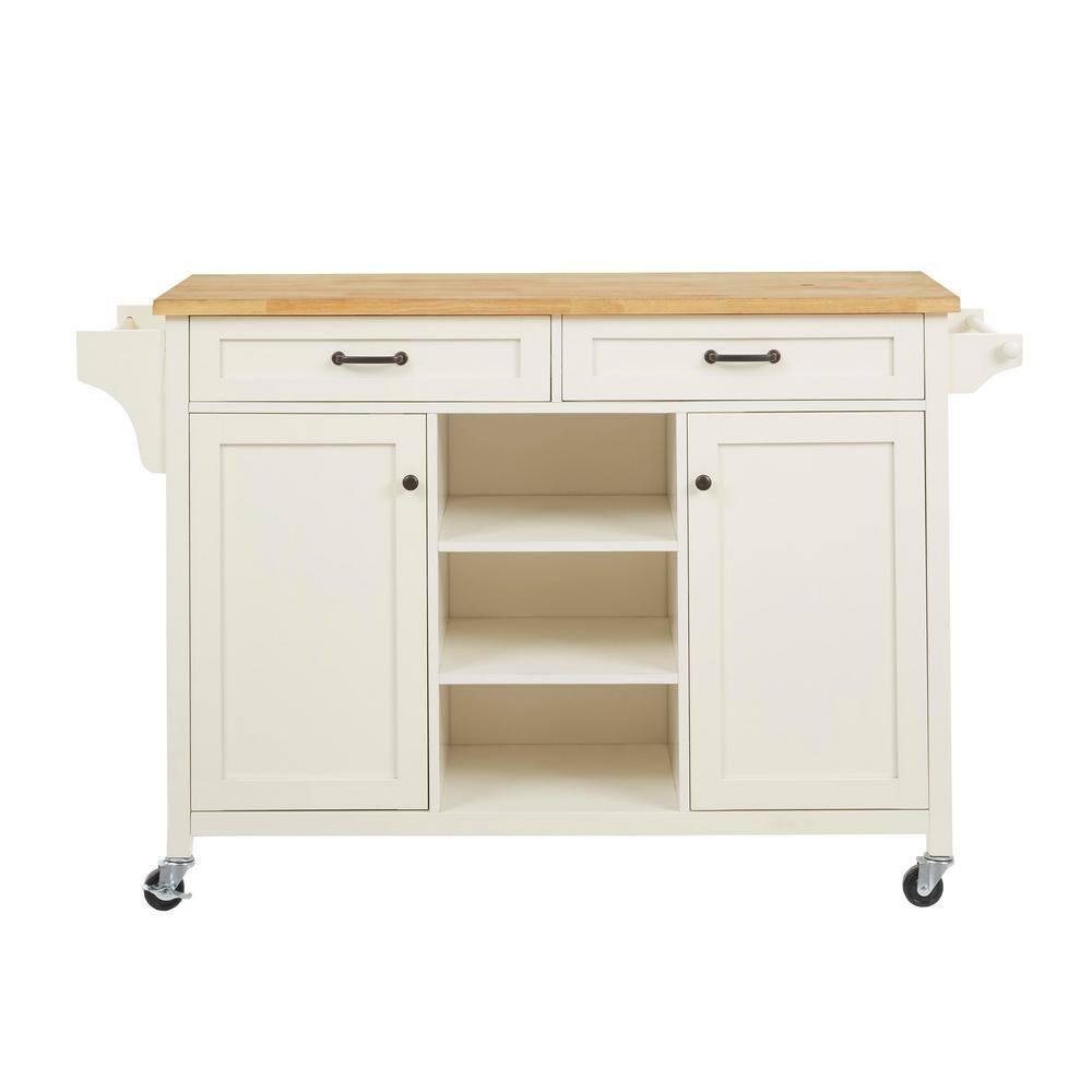 Home Decorators Collection Rockford White Rolling Kitchen Cart with Butcher Block Top and Double-Drawer Storage (56″ W)