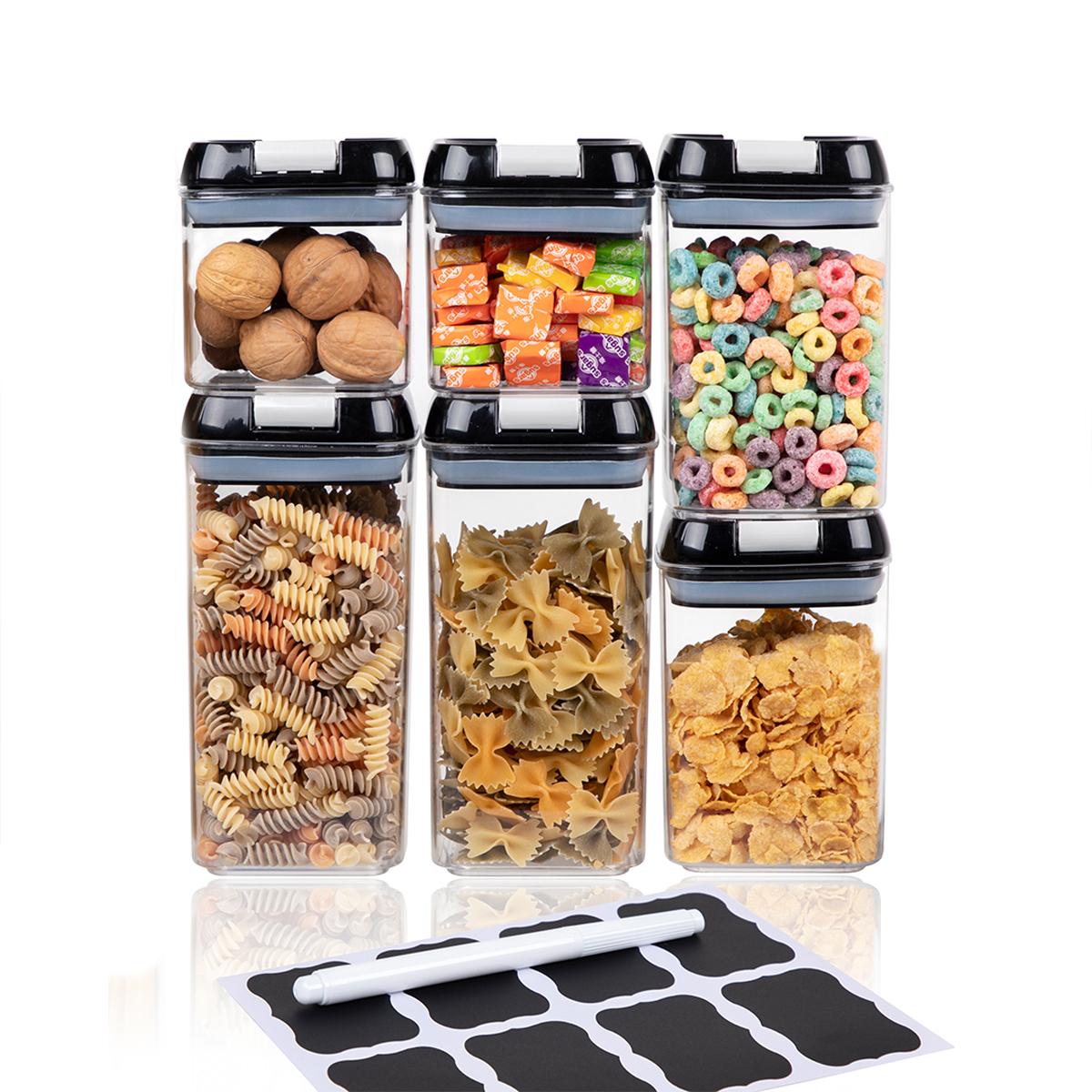 Suproot Kitchen Variety Set of 6 Pantry Organization Canisters with Lids. Marker and Labels Included