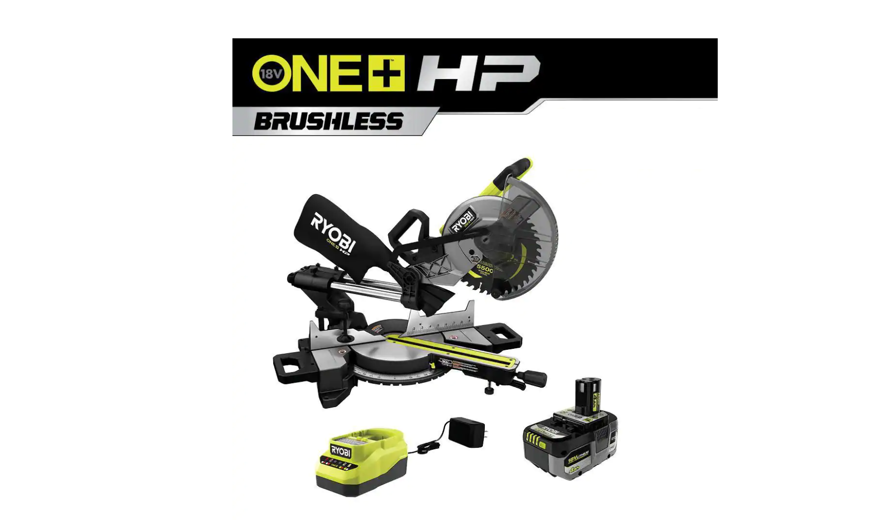 RYOBI PBLMS01K ONE+ HP 18V Brushless Cordless 10 in. Sliding Compound Miter Saw Kit with 4.0 Ah HIGH PERFORMANCE Battery and Charger