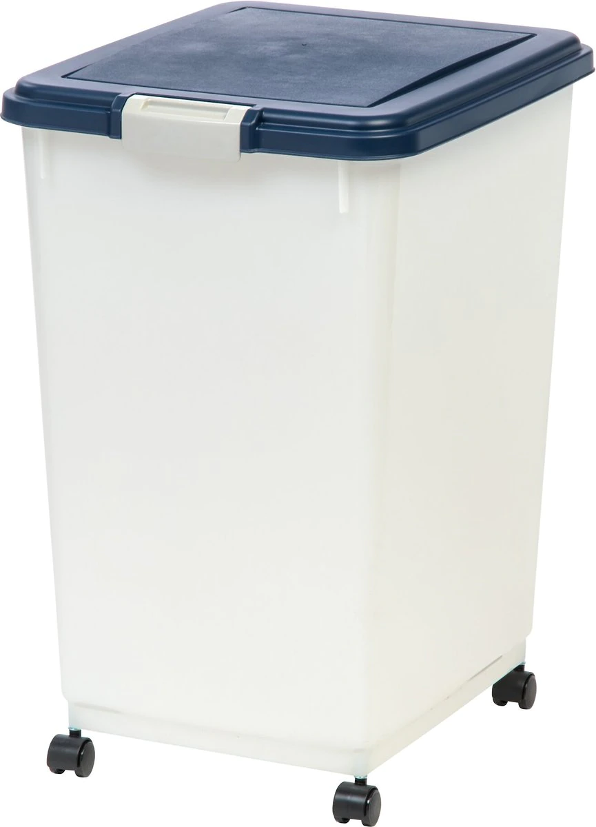 IRIS USA WeatherPro Airtight Dog. Cat. Bird & Other Pet Food Storage Bin Container with Attachable Casters 50 lbs / 69 qt. Navy & Pearl 