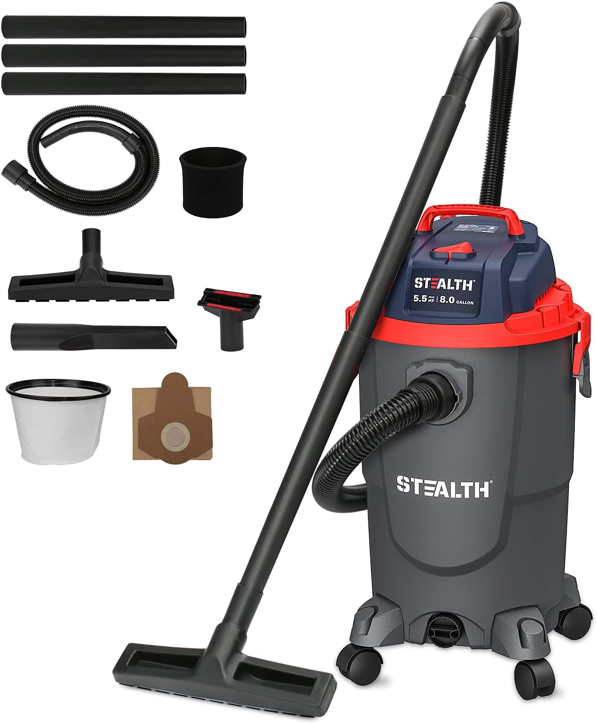 Stealth Wet Dry Vacuum Cleaner 8 Gallon. 5.5 Peak HP Shop Vacuum with Blower & Drain Port for Home. Garage. Car. Workshop. ECV08P1