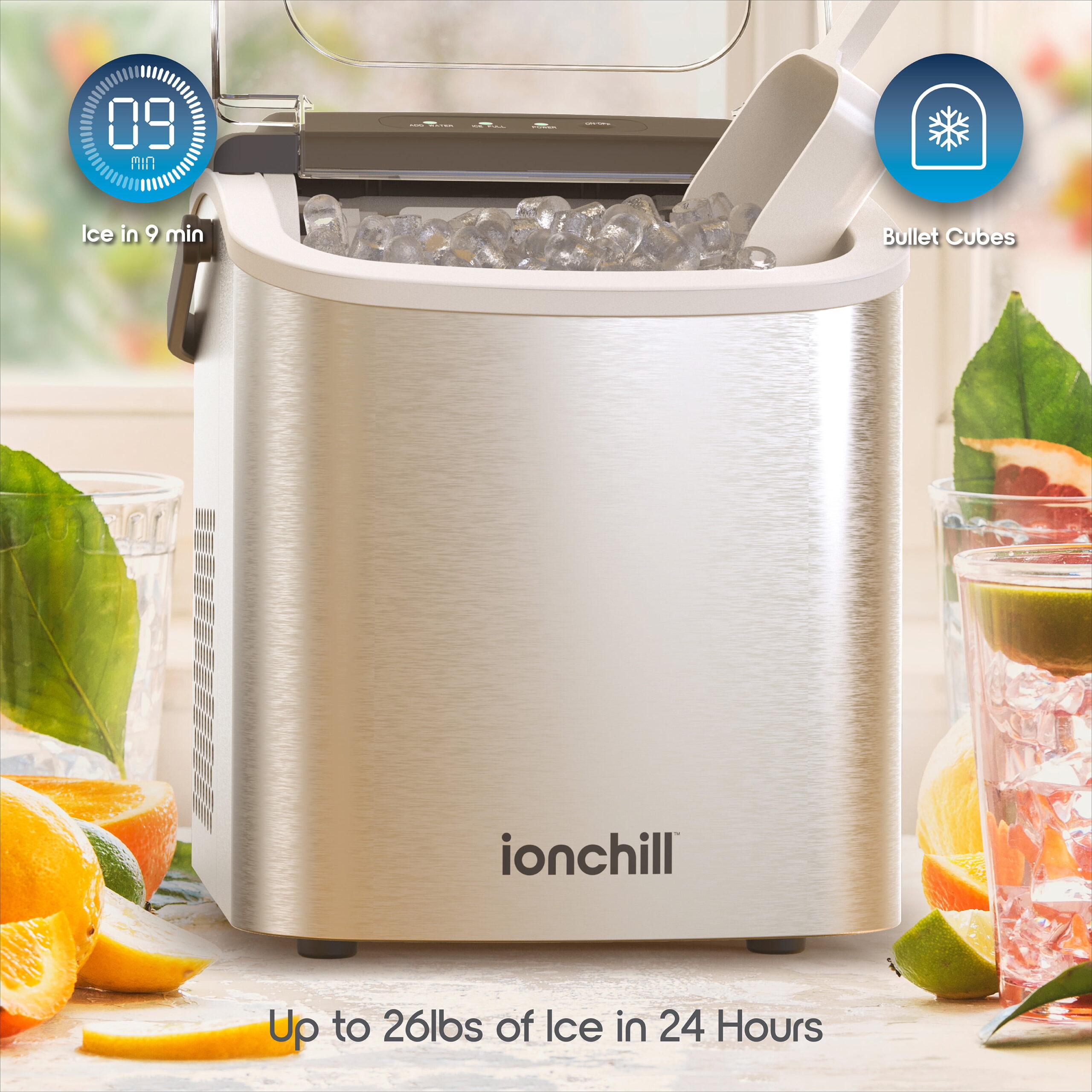 Ionchill Quick Cube Ice Machine. 26lbs/24hrs Portable Countertop Bullet Ice Maker