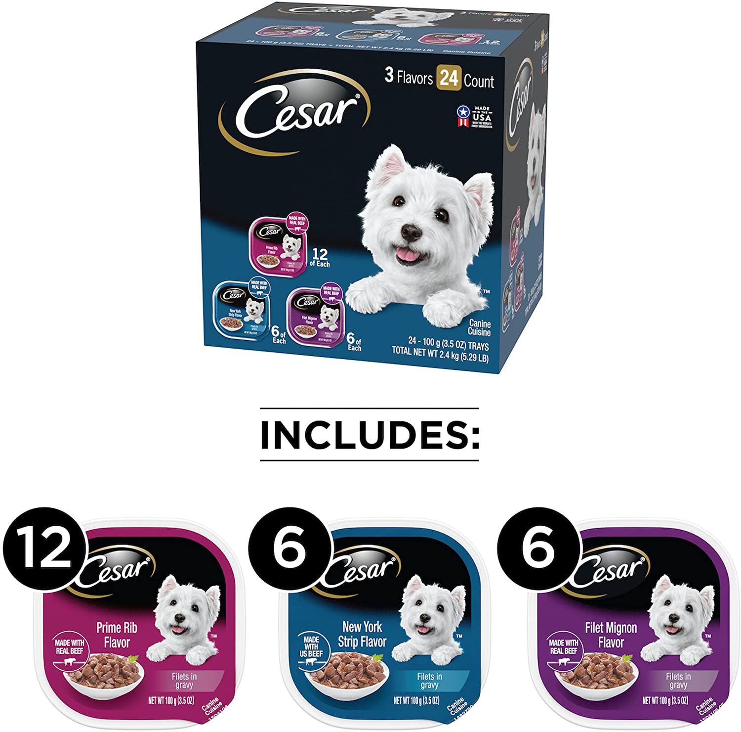 CESAR Adult Soft Wet Dog Food Filets in Gravy Variety Pack. Filet Mignon. New York Strip and Prime Rib Flavors. (24) 3.5 oz. Trays