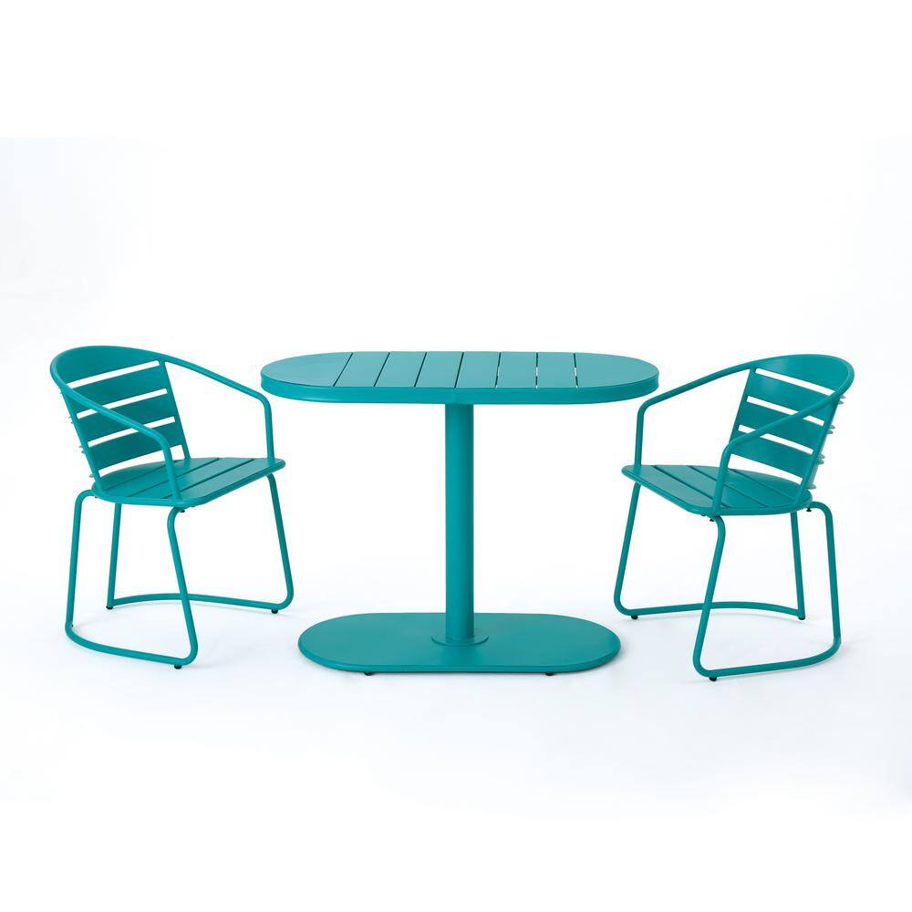 Noble House  Matte Teal 3-Piece Metal Oval Outdoor Bistro Set