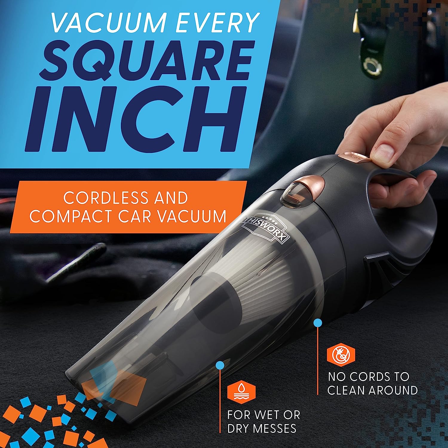 ThisWorx Cordless Car Vacuum - Portable. Mini Handheld Vacuum w/Rechargeable Battery and 3 Attachments - High-Powered Vacuum Cleaner w/ 60w Motor. Black Cordless