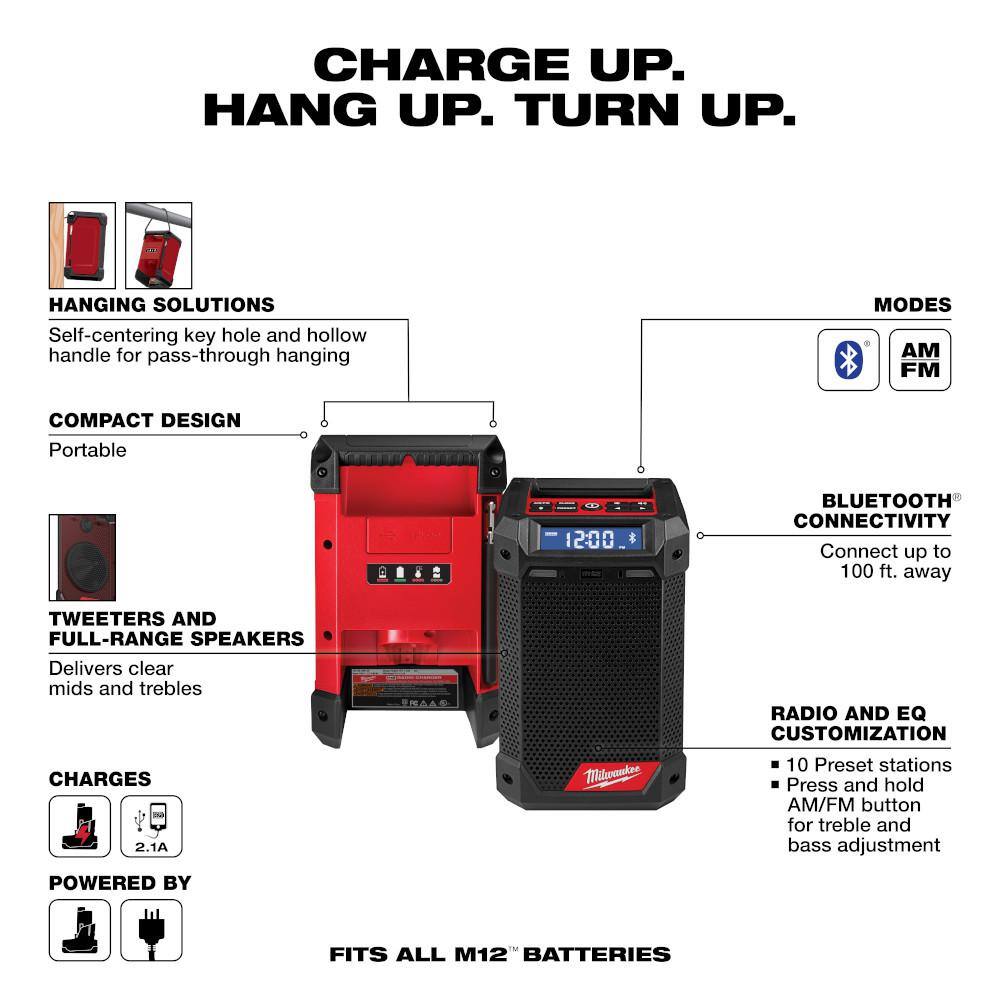 Milwaukee 2951-20-48-11-2420 M12 12-Volt Lithium-Ion Cordless Bluetooth/AM/FM Jobsite Radio with Charger with M12 2.0Ah Battery