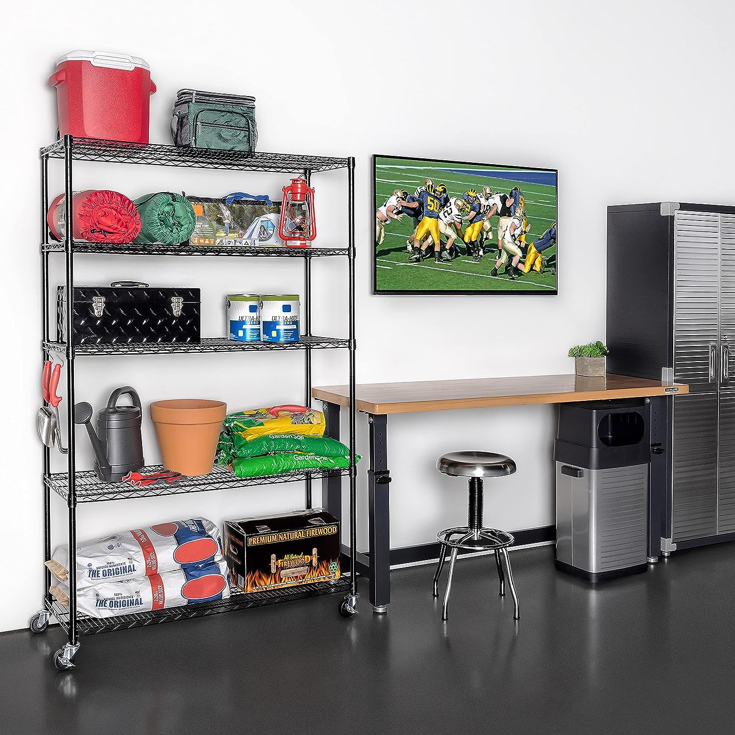Seville Classics UltraDurable Heavy Duty NSF Solid Steel Wire Rack Storage Unit. Organizer for Garage. Warehouse. Office. Restaurant. Classroom. Kitchen. Black. 5-Tier Shelving. 48″ W x 18″ D