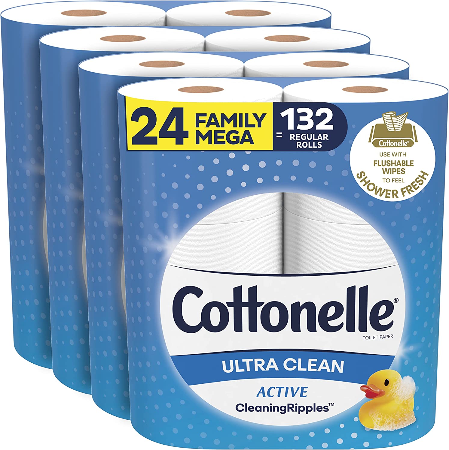 Cottonelle Ultra Clean Toilet Paper with Active CleaningRipples Texture. Strong Bath Tissue. 24 Family Mega Rolls (24 Family Mega Rolls = 132 Regular Rolls) (4 Packs of 6 Rolls) 388 Sheets per Roll