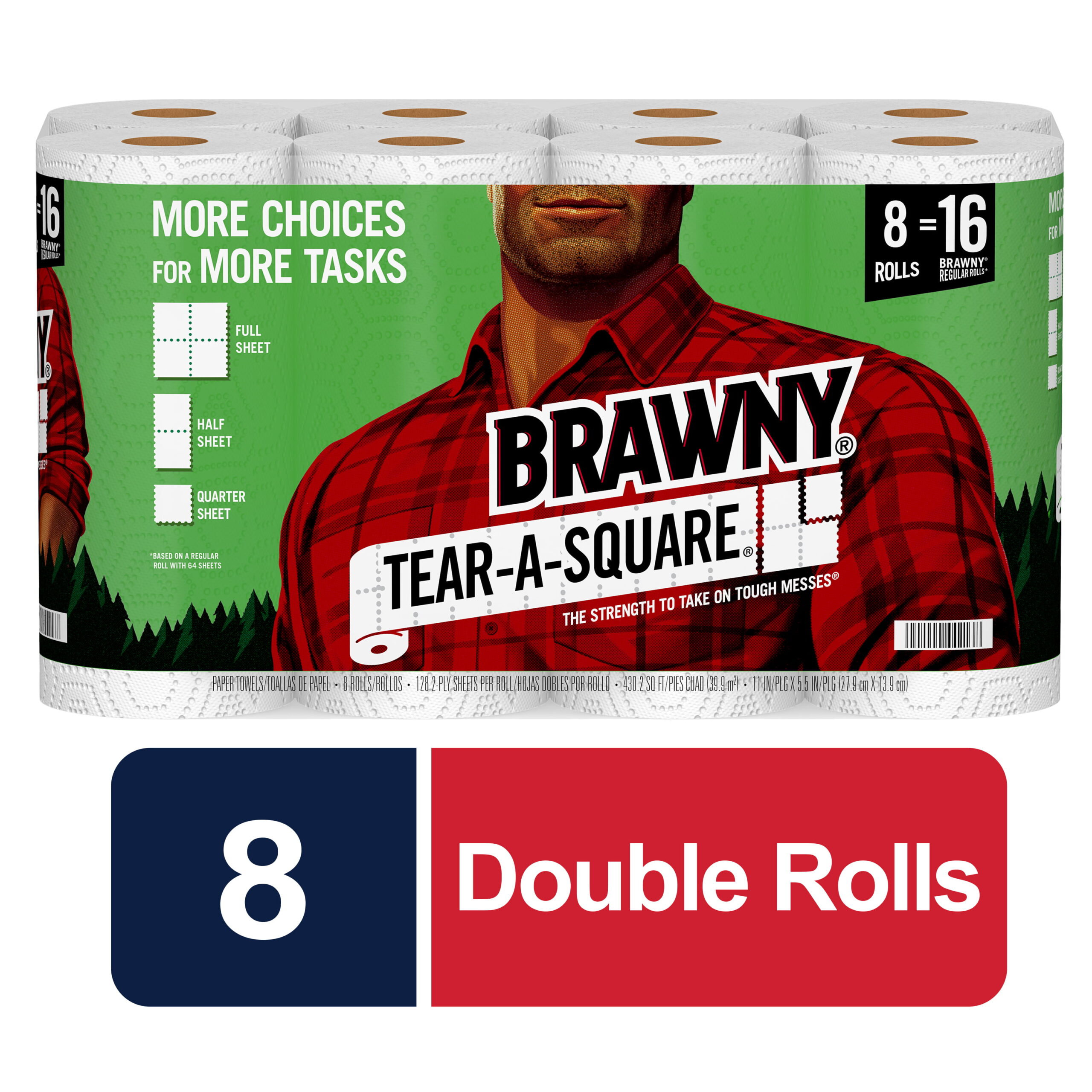 Brawny Tear-A-Square Paper Towels. White. 8 Double Rolls = 16 Regular Rolls. 3 Sheet Size Options. Quarter Size Sheets