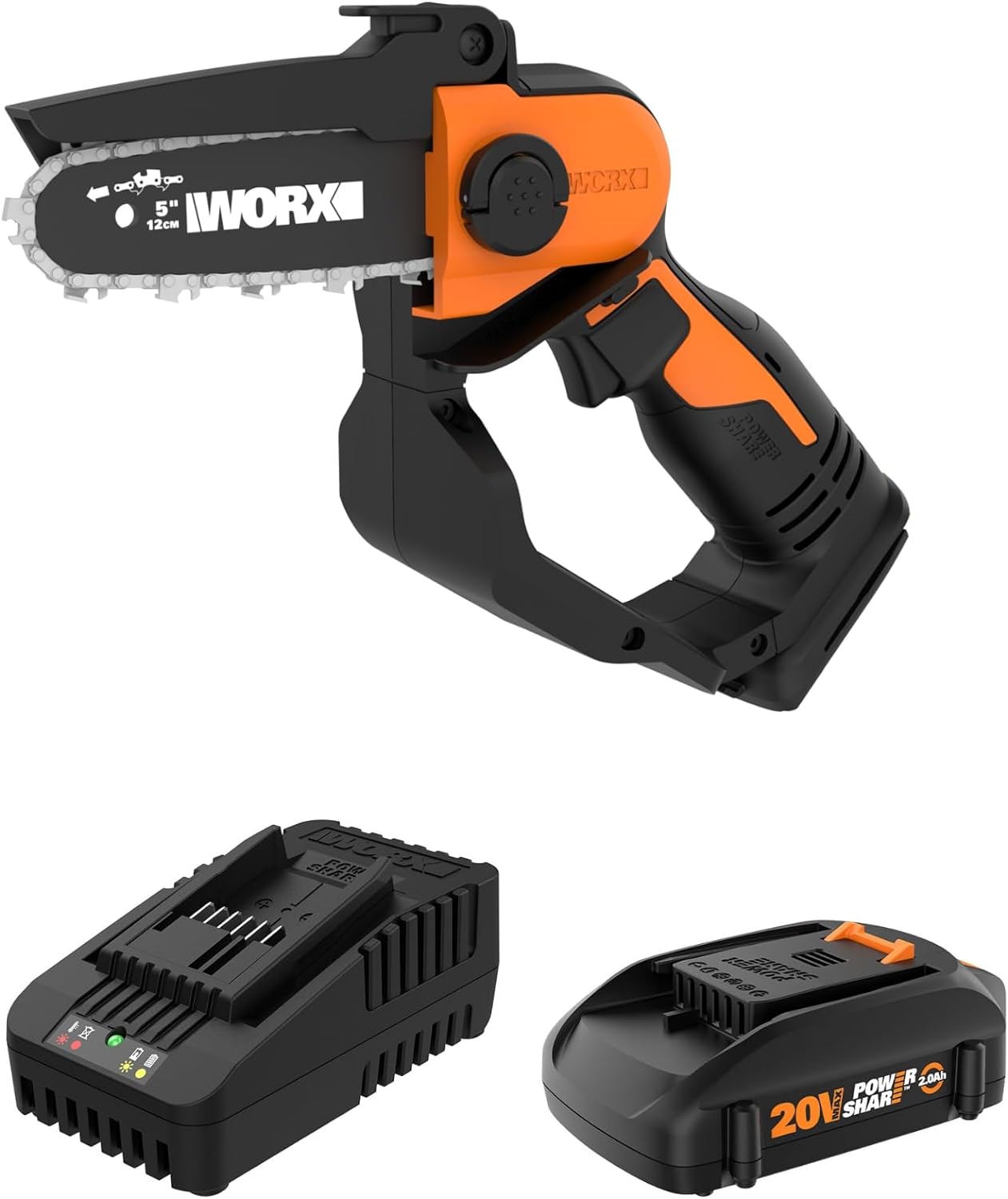 Worx 20V 5″ Mini Chainsaw Cordless 3.9 lbs.. Electric Chainsaw 22 ft/s Chain Speed. Power Share Battery Chainsaw. Purning Saw with Upper Safety Guard & Hand Guard WG324 – Battery & Charger Included