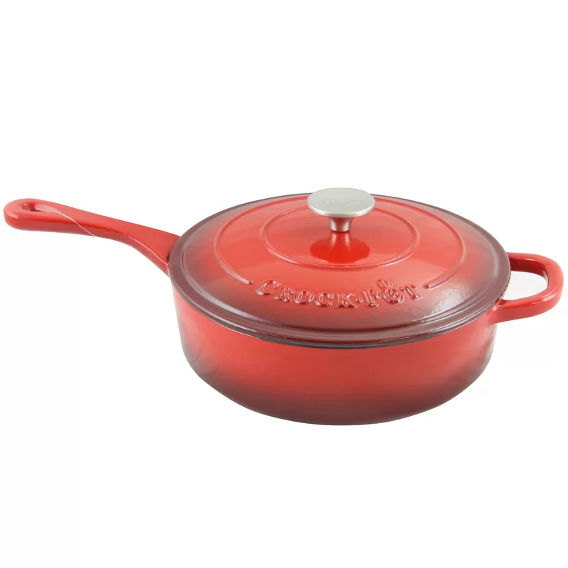 Crock Pot Artisan 3.5 Quart Enameled Cast Iron Deep Sauté Pan. Scarlet Red