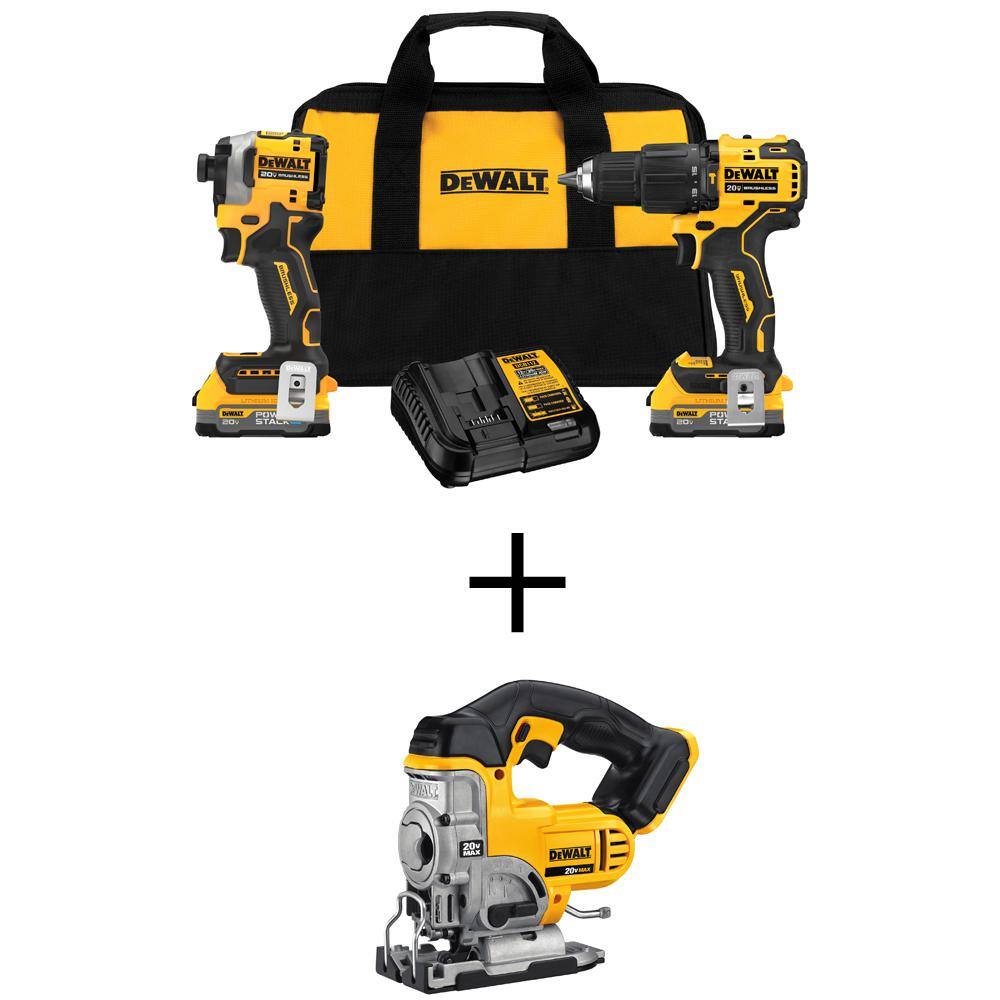 DEWALT DCK254E2WDCS331 20V MAX Lithium-Ion Brushless Cordless Combo Kit (2-Tool) and Cordless Jig Saw with (2) 1.7Ahr Batteries. Charger & Bag