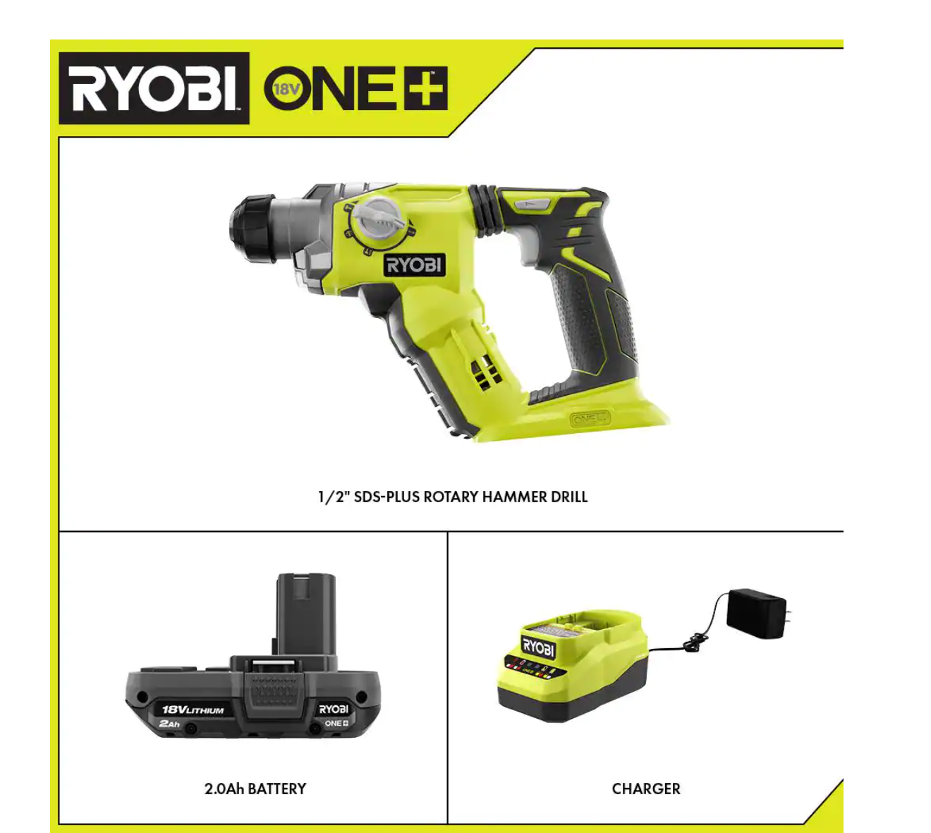RYOBI P222-PSK005 ONE+ 18V Cordless 1/2 in. SDS-Plus Rotary Hammer Drill with 2.0 Ah Battery and Charger