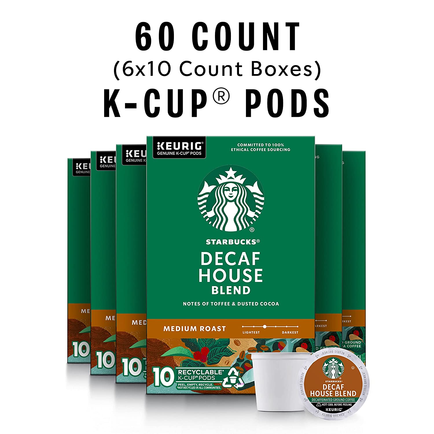 Starbucks Decaf K-Cup Coffee Pods House Blend for Keurig Brewers. 6 boxes (60 pods total)