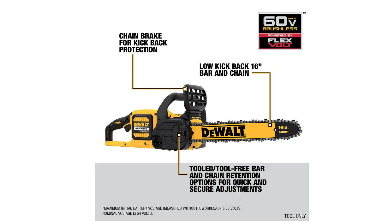 DEWALT DCCS670X1 60V MAX 16in. Brushless Cordless Battery Powered Chainsaw Kit with (1) FLEXVOLT 3Ah Battery & Charger