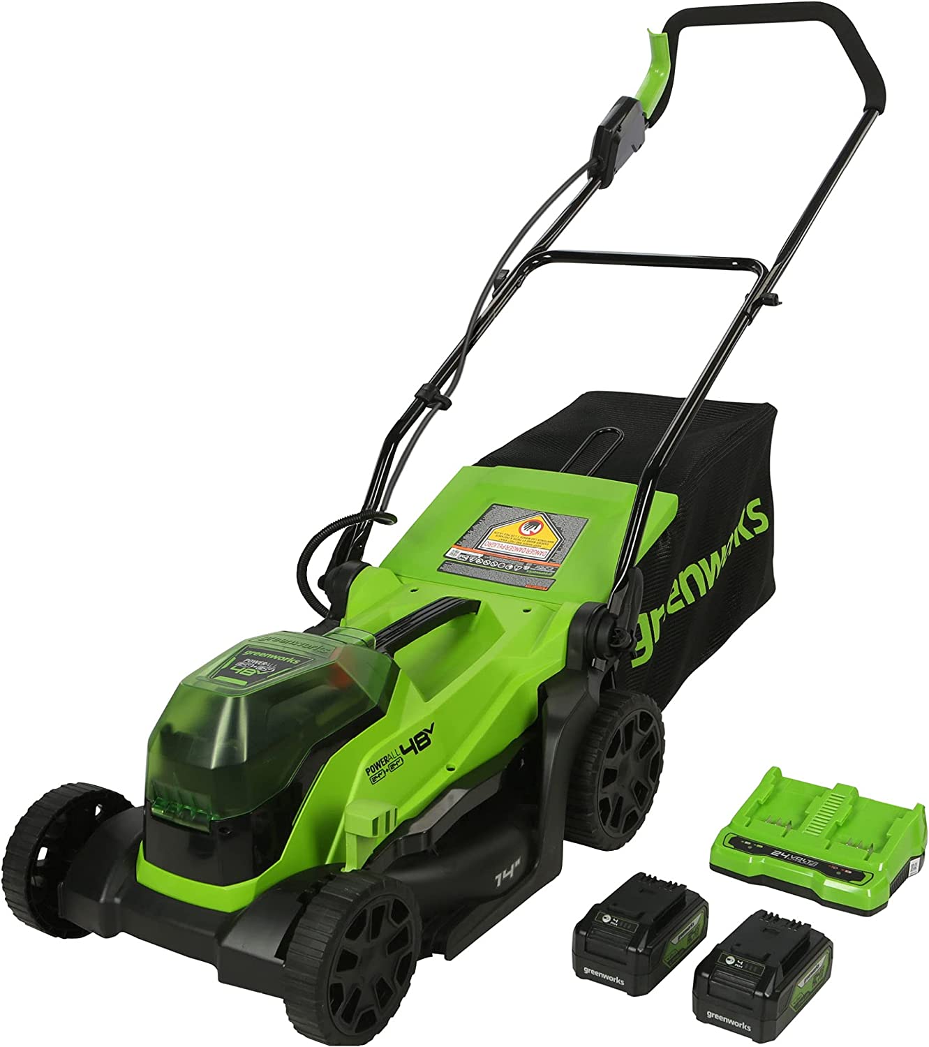 Greenworks 2 x 24V (48V) 14″ Brushless Cordless Lawn Mower. (2) 4.0Ah USB Batteries (USB Hub) and Dual Port Rapid Charger Included