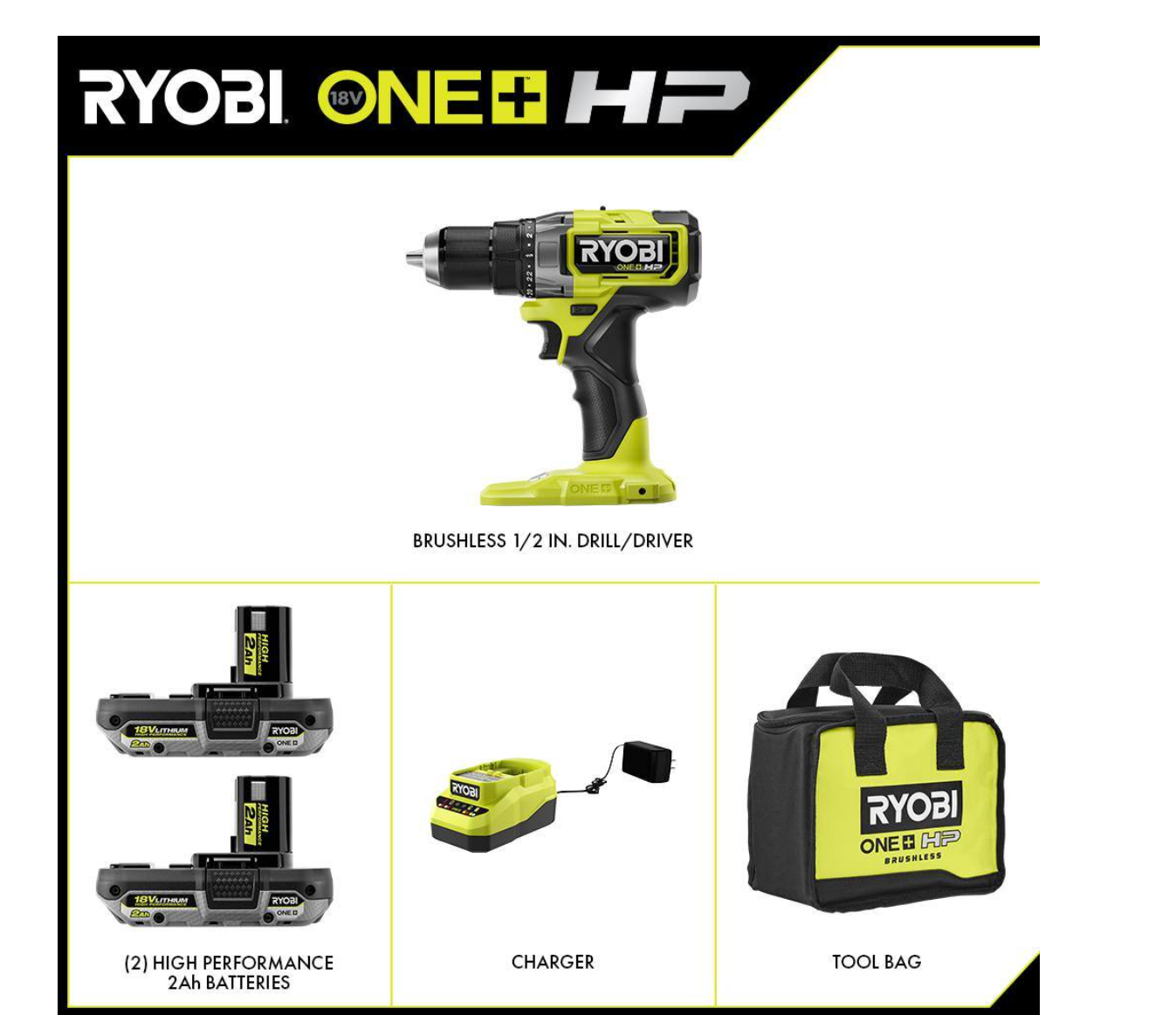 RYOBI PBLDD01K-A986501 ONE+ HP 18V Brushless Cordless 1/2 in. Drill/Driver Kit w/(2) Batteries. Charger. Bag. & Drill and Drive Kit (65-Piece)