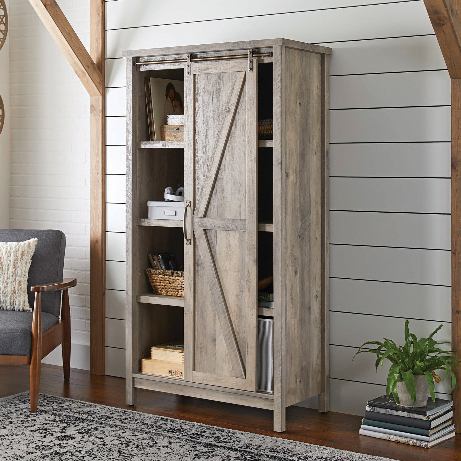 Better Homes & Gardens 66″ Modern Farmhouse Bookcase Storage Cabinet. Rustic Gray Finish