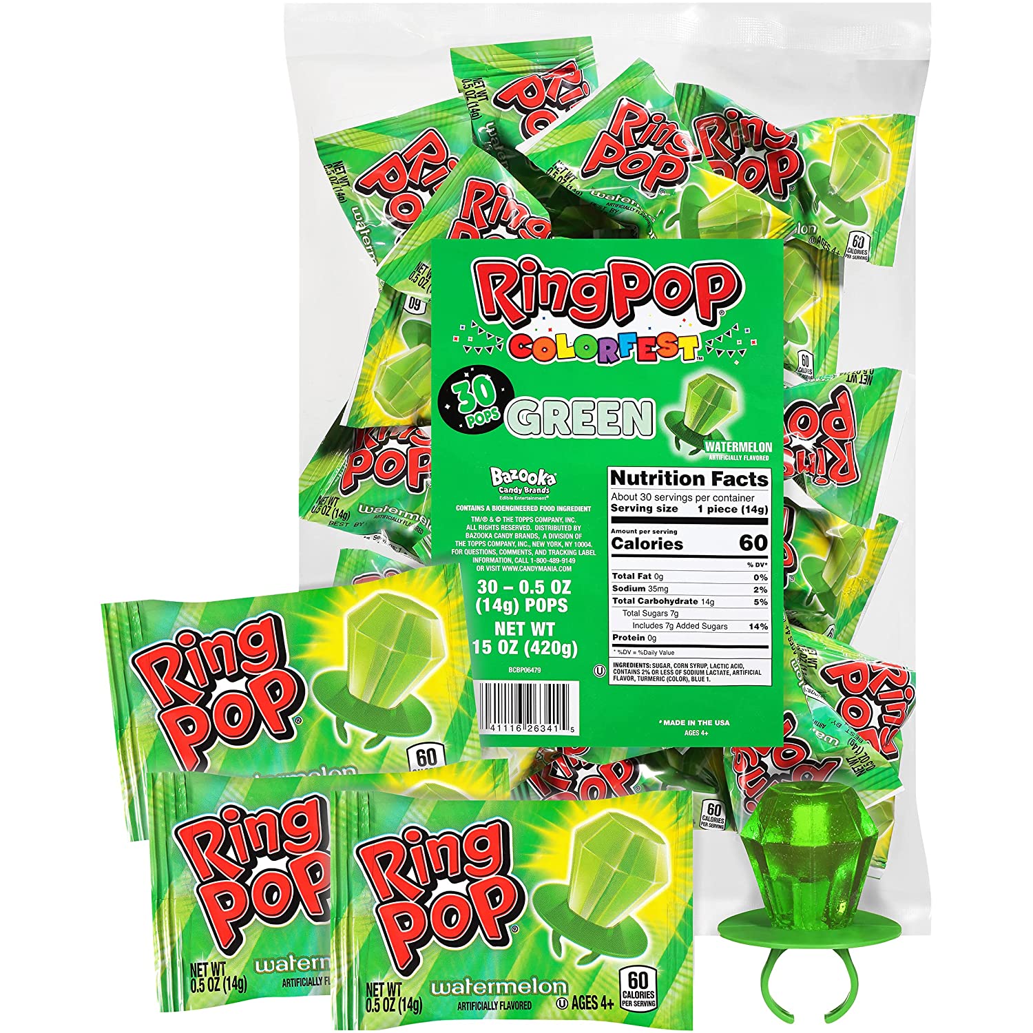 Ring Pop Individually Wrapped Green Watermelon 30 Count Bulk Lollipop Easter Pack