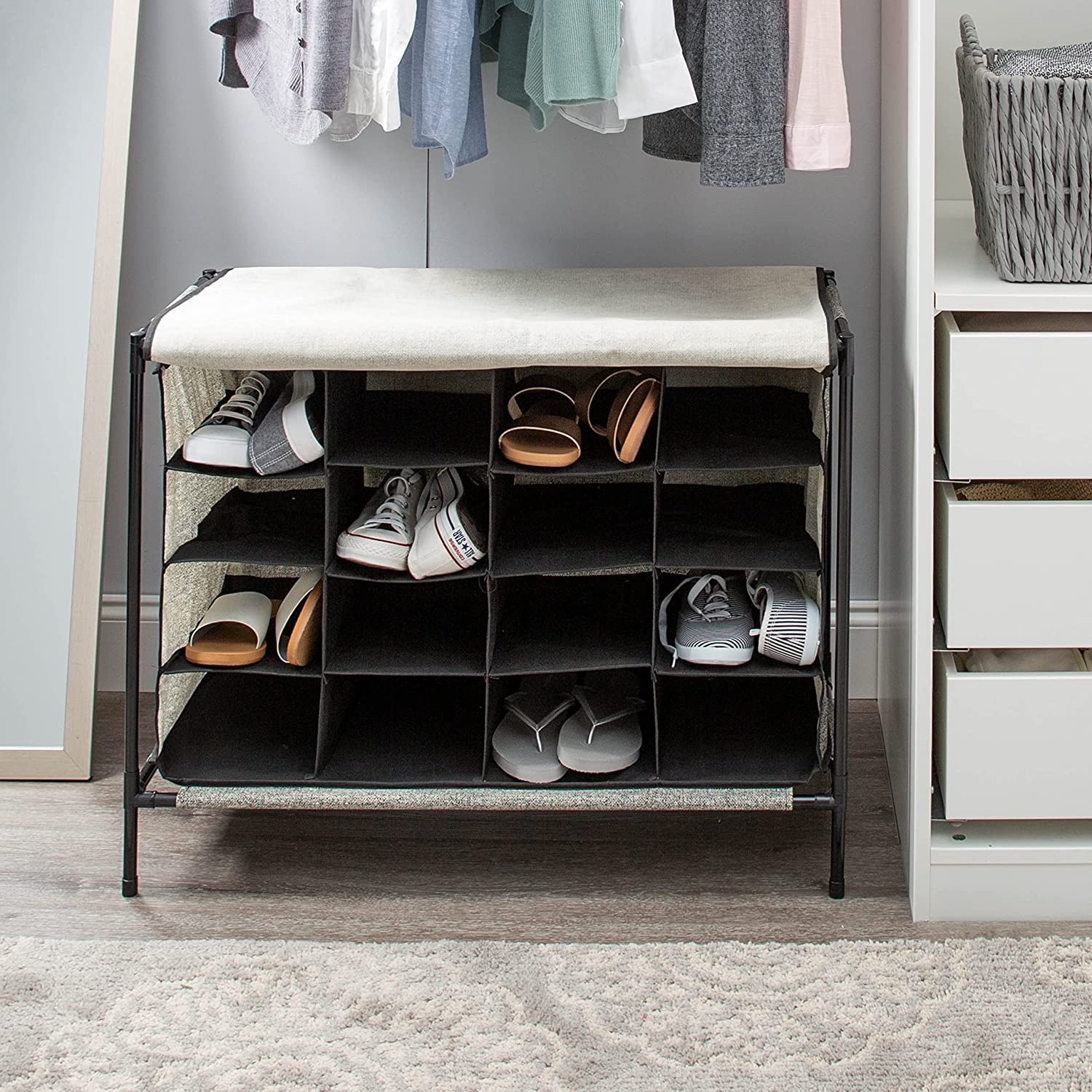 Simplify 16 Pair Stackable Shoe Rack Organizer with Cover for Closet Bedroom & Entryway. Black