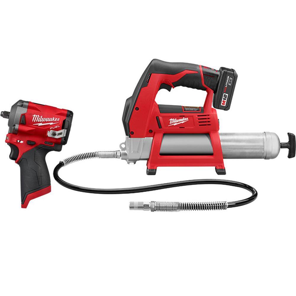 Milwaukee 2446-21XC-2554-20 M12 12V Li-Ion Cordless Grease Gun Kit with Stubby 3/8 in. Impact Wrench. One 3.0 Ah Battery. Charger and Tool Bag