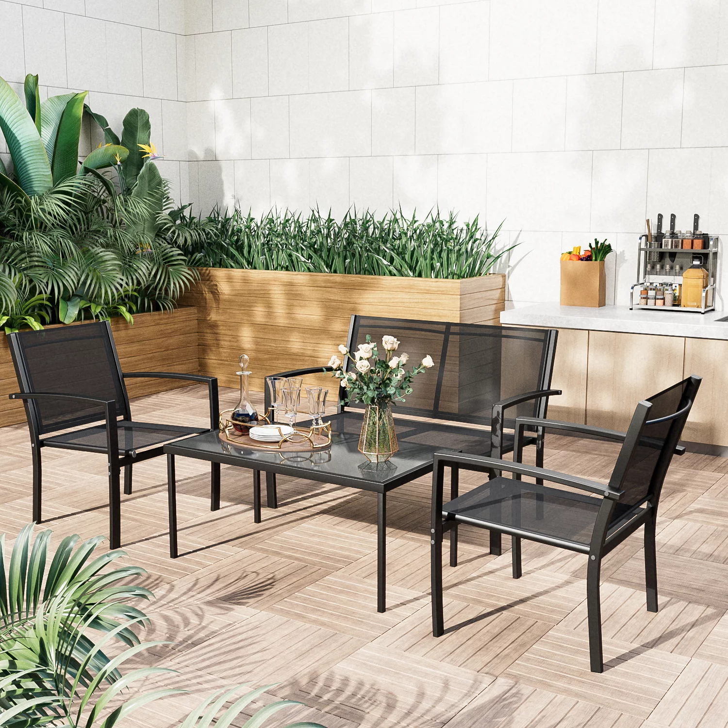 LACOO 4 Pieces Patio Indoor Furniture Outdoor Patio Furniture Set Textilene Bistro Set Modern Conversation Set Black Bistro Set with Loveseat Tea Table for Home. Lawn and Balcony. Black
