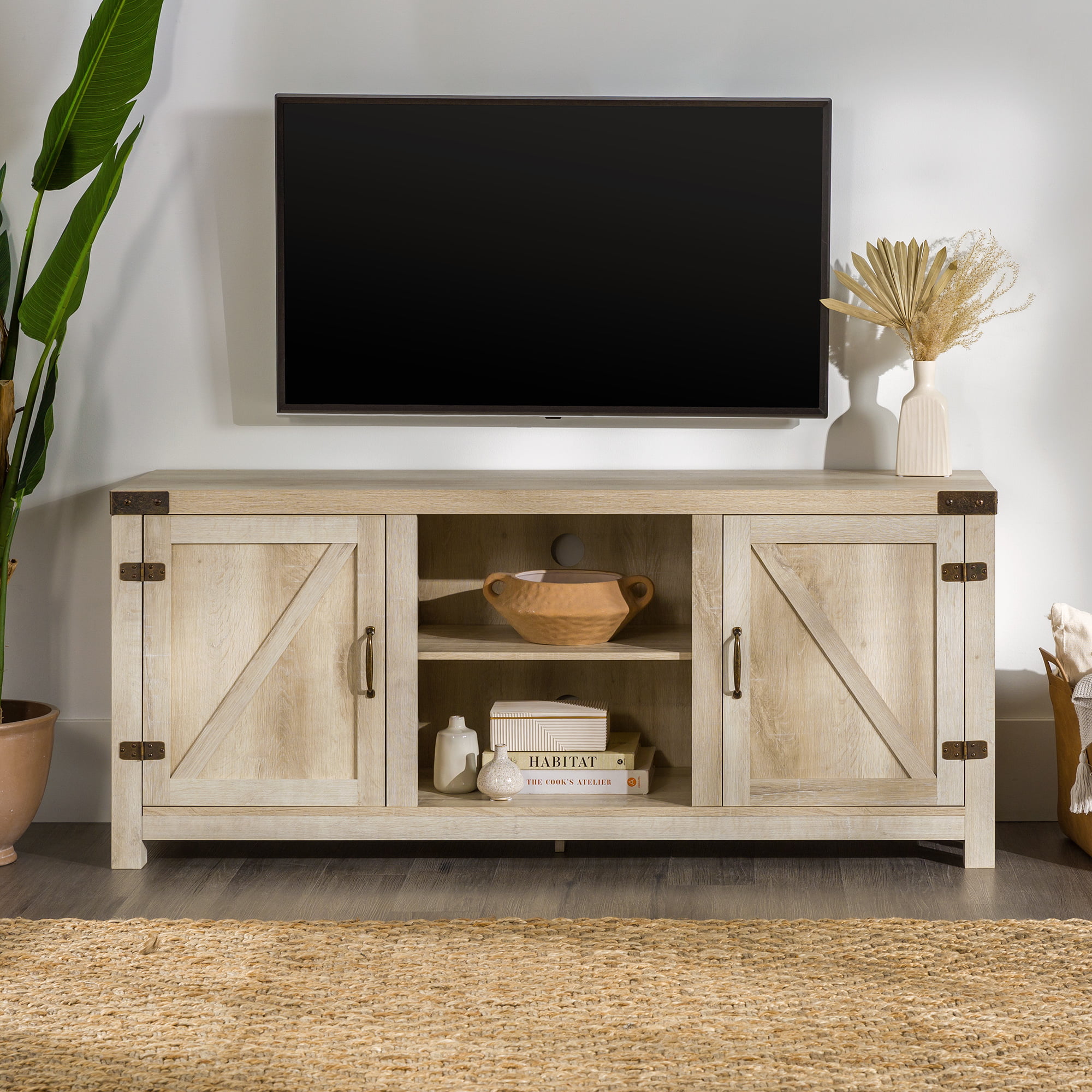 Woven Paths Modern Farmhouse Barn Door TV Stand for TVs up to 65″. White Oak