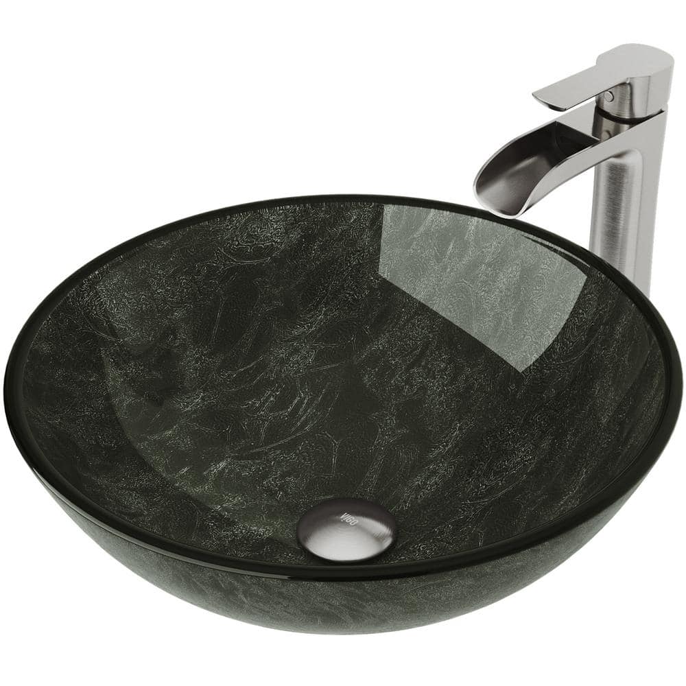 VIGO VG07051 Glass Round Vessel Bathroom Sink in Onyx Gray with Faucet in Brushed Nickel