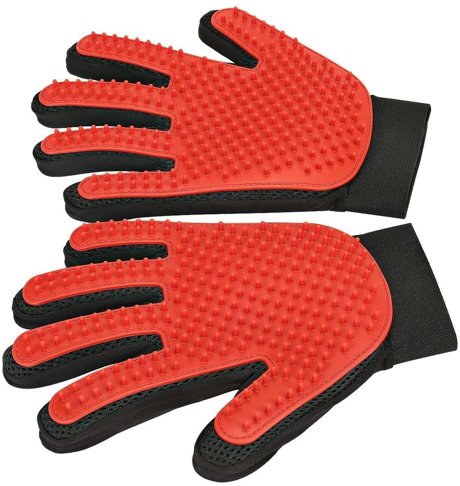 Pet Grooming Glove Red - Gentle Deshedding Brush Glove - Efficient Pet Hair Remover Mitt - Enhanced Five Finger Design - Perfect for Dog and Cat with Long & Short Fur 1 Pair