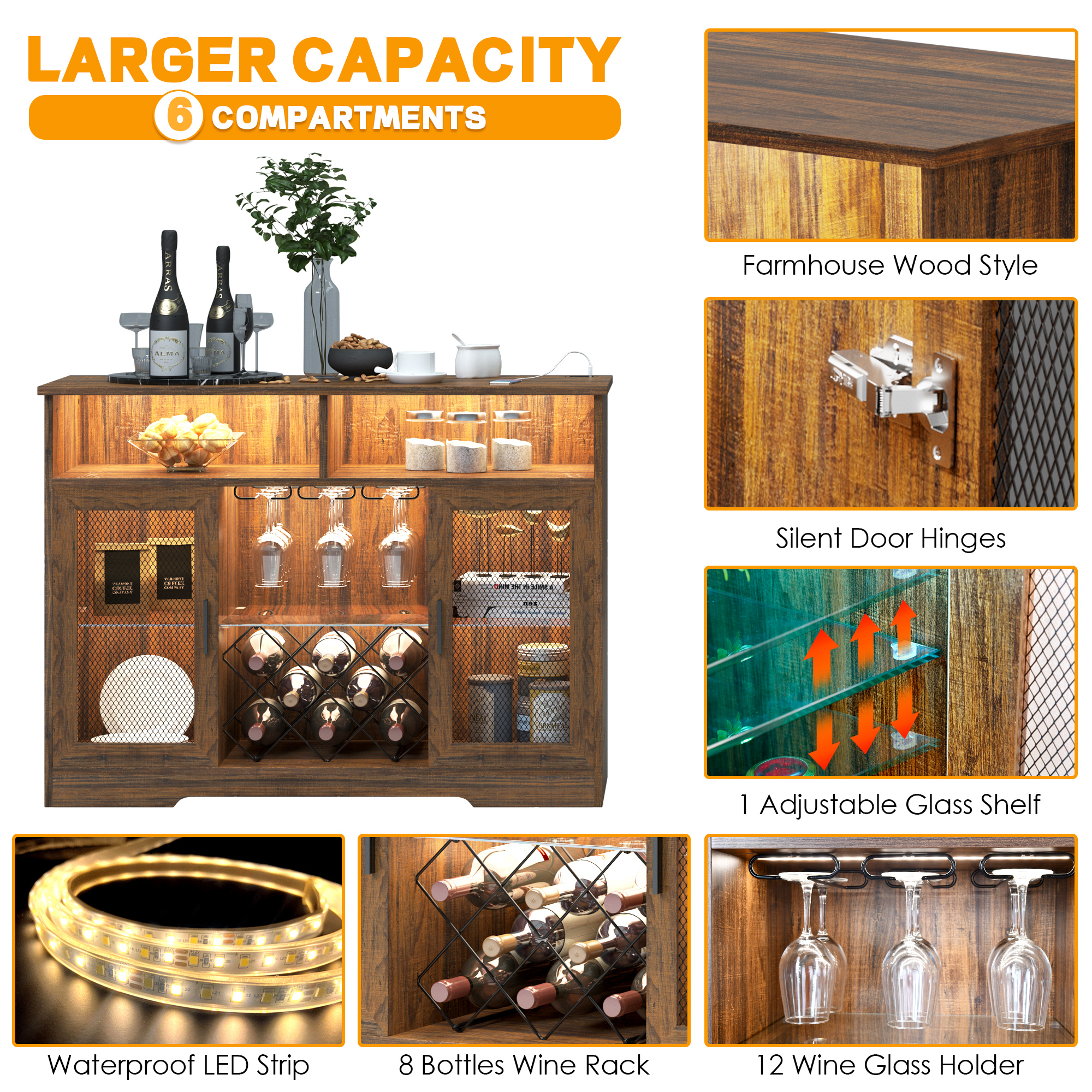 LVSOMT Bar Cabinet with Wine Rack and Glass Holder. LED Sensor Lights Farmhouse Coffee Bar Cabinet for Liquor and Glasses. Sideboard Buffet Cabinet with 2 Shelves 4 Adjustable storage Mesh Door(Brown)