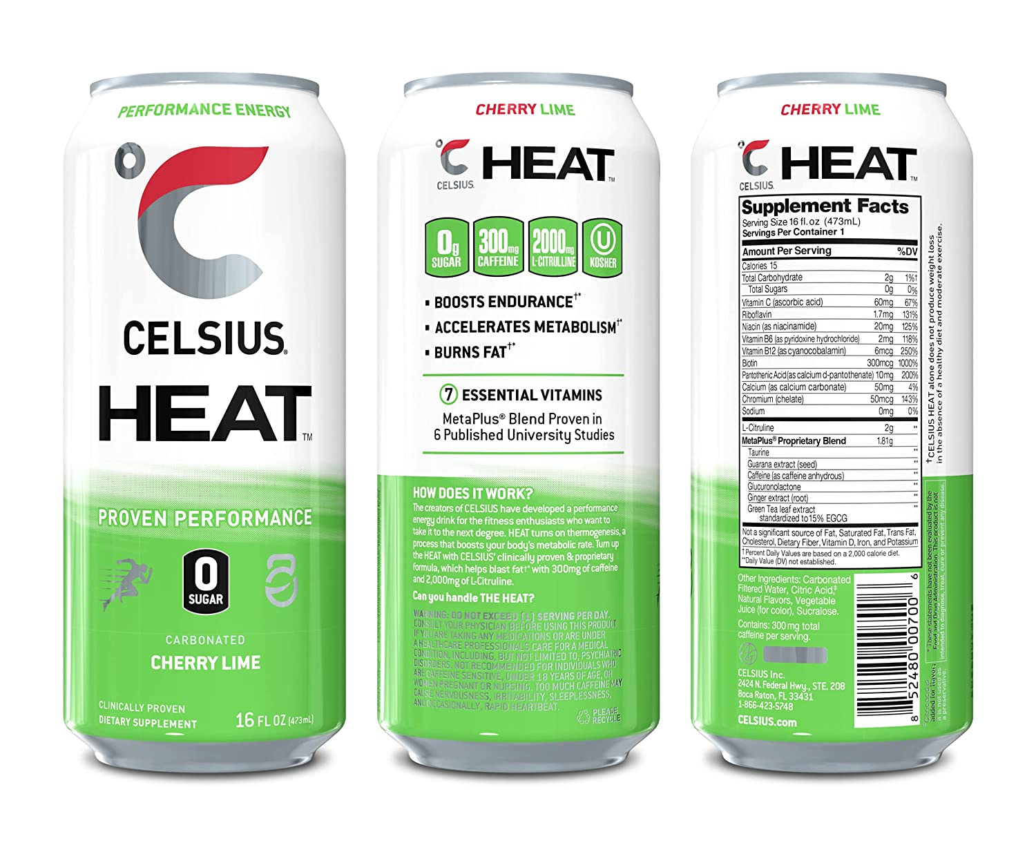CELSIUS HEAT Performance Energy Drink. Zero Sugars. Cherry Lime. 192 Fl Oz (Pack of 12)