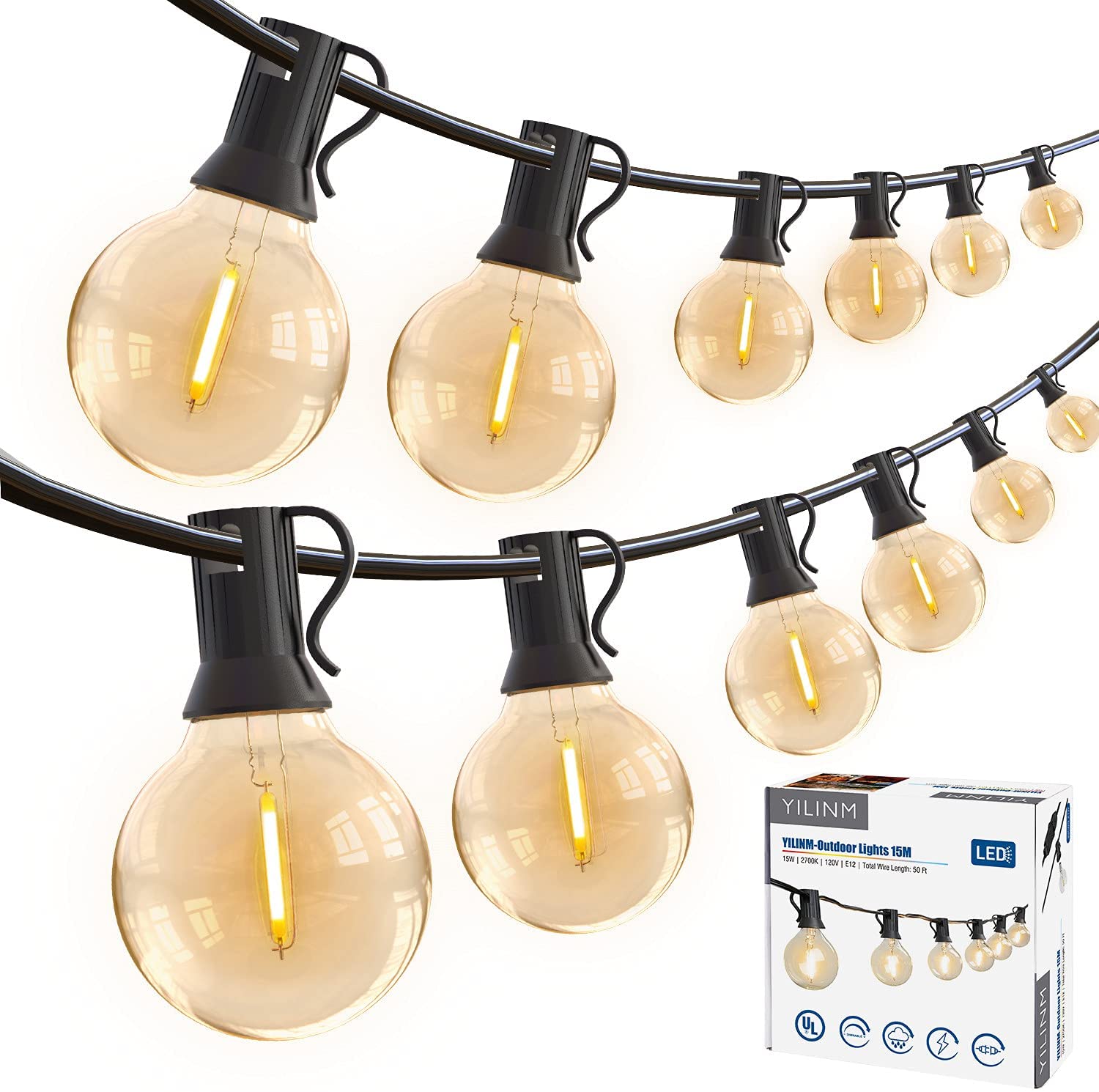 YILINM 50Feet Outdoor String Lights G40 Globe Patio Lights. LED String Lights
