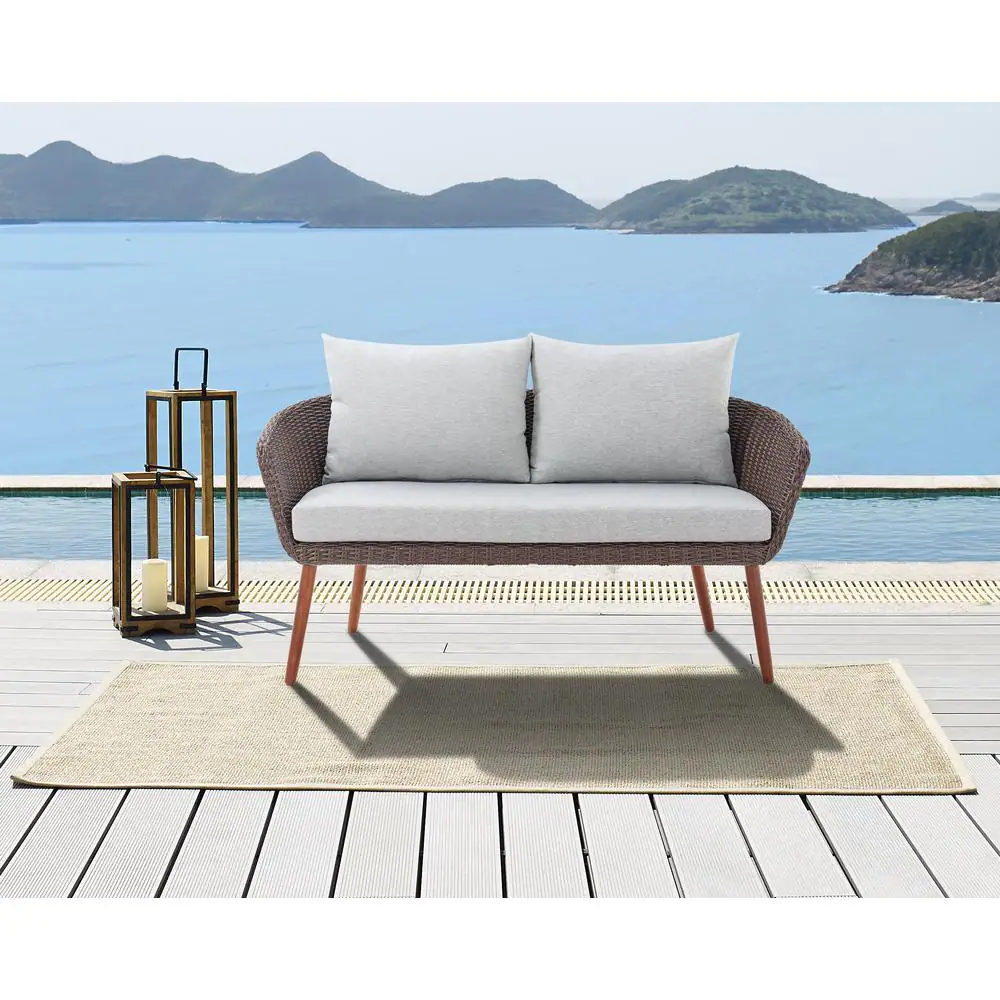 Athens Brown All-Weather Wicker Outdoor Loveseat with Light Gray Cushions