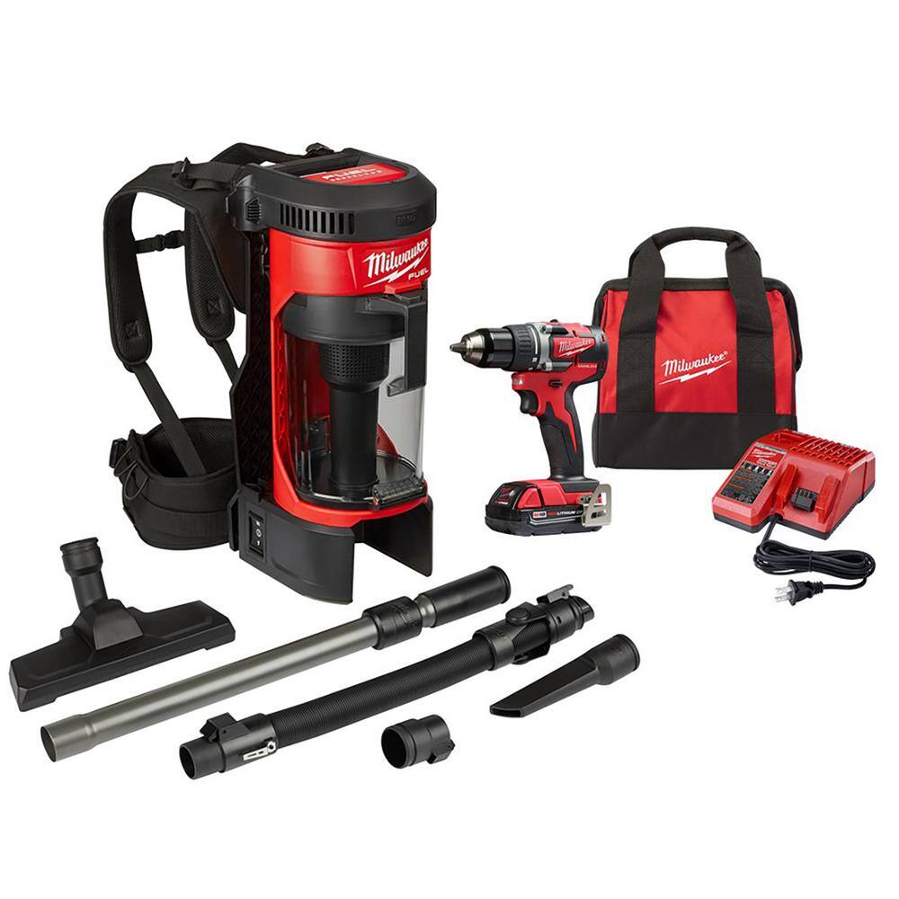 Milwaukee 0885-20-2801-21P M18 FUEL 18-Volt Lithium-Ion Brushless 1 Gal. Cordless 3-in-1 Backpack Vacuum with M18 1/2 in. Compact Drill/Driver Kit