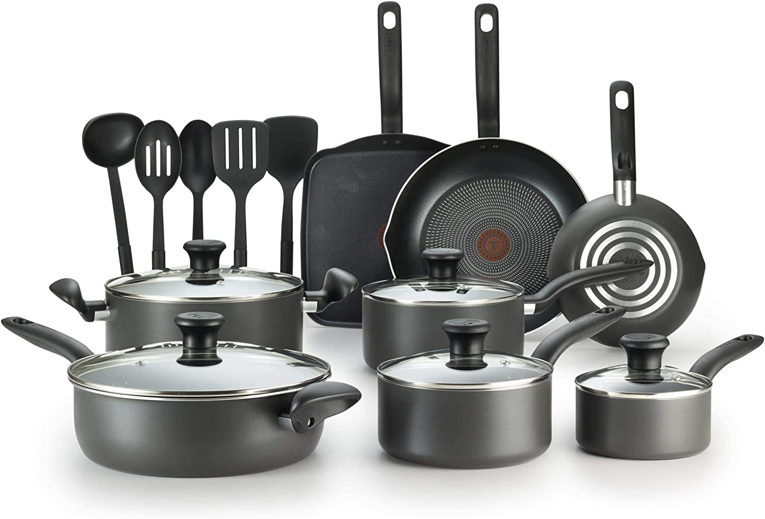 T-fal Initiatives Nonstick Cookware Set 18 Piece Pots and Pans. Dishwasher Safe Black