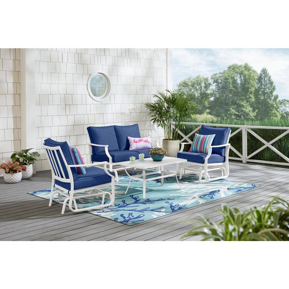 Hampton Bay  Harbor Point White 4-Piece Metal Patio Conversation Set with CushionGuard Mariner Blue Cushions
