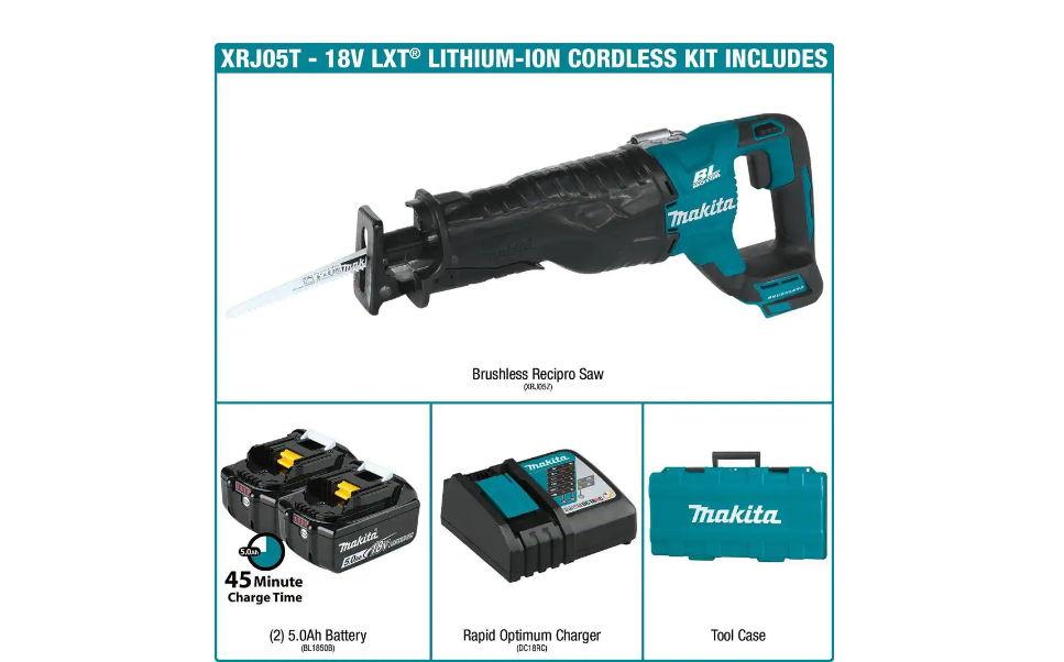 Makita XRJ05T 18-Volt 5.0Ah LXT Lithium-Ion Brushless Cordless Recipro Saw Kit
