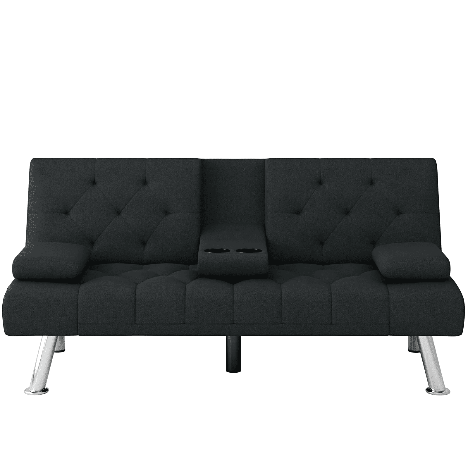 Homfa 66.3” Upholstered Sofa Bed Couch. Convertible Futon Folding Sleeper Sofa with Removable Armrests and 2 Cupholders for Living Room. Black