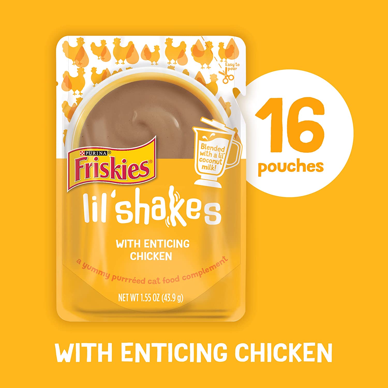 Purina Friskies Pureed Topper Lil- Shakes With Enticing Chicken Cat Food. 1.55-oz bag. Case of 16