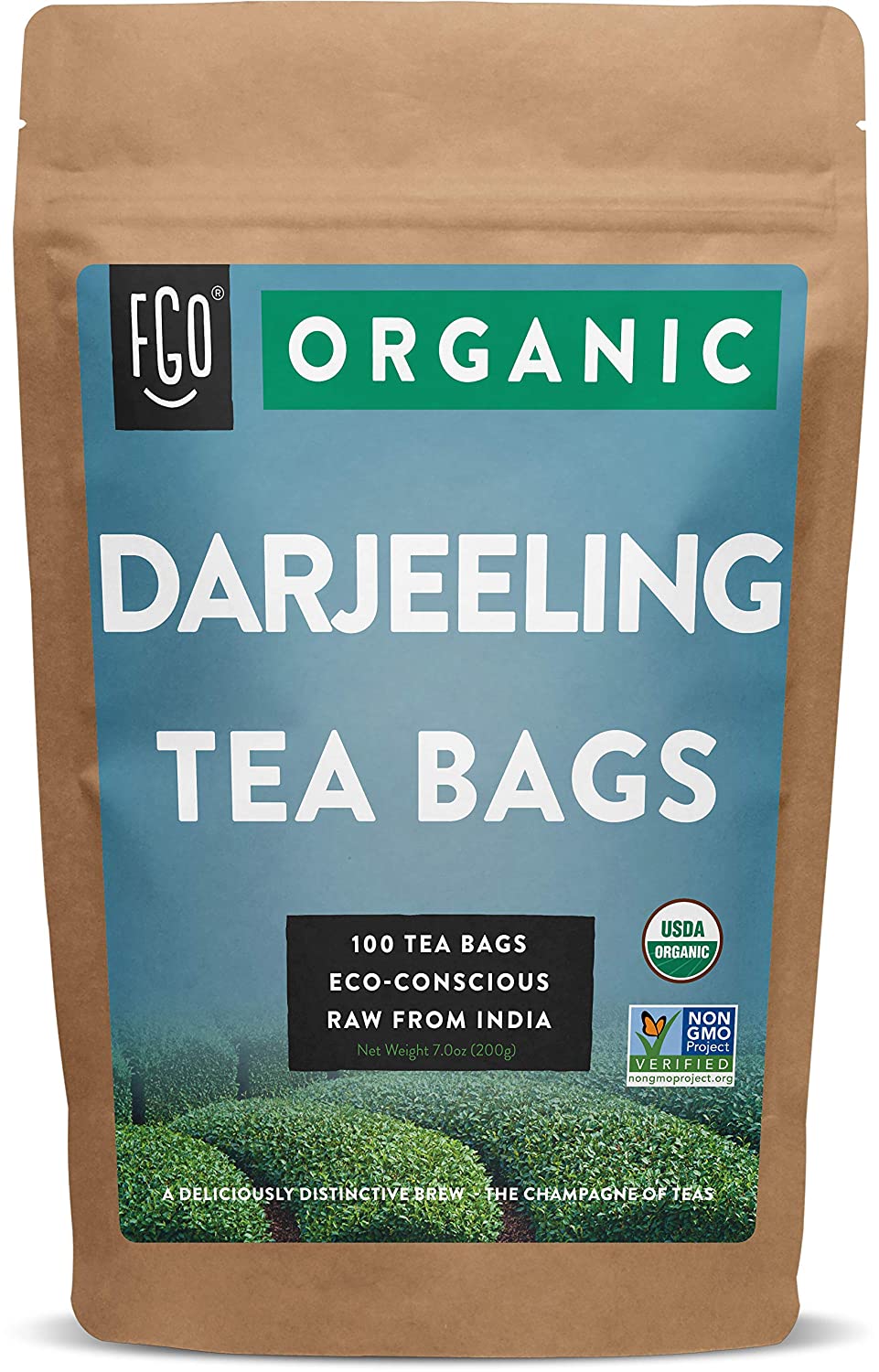 FGO Organic Darjeeling Tea Bags. 100 Tea Bags. Eco-Conscious Tea Bags in Kraft Bag