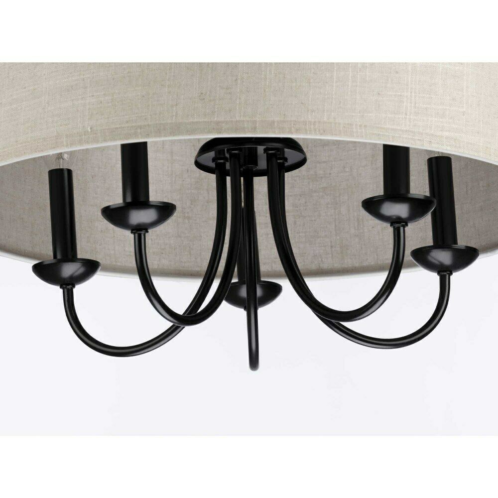 Progress Lighting P400193-031 Drum Shade Collection Farmhouse 21-5/8 in. 5-Light Matte Black with Harvest Linen Shade Chandelier Light