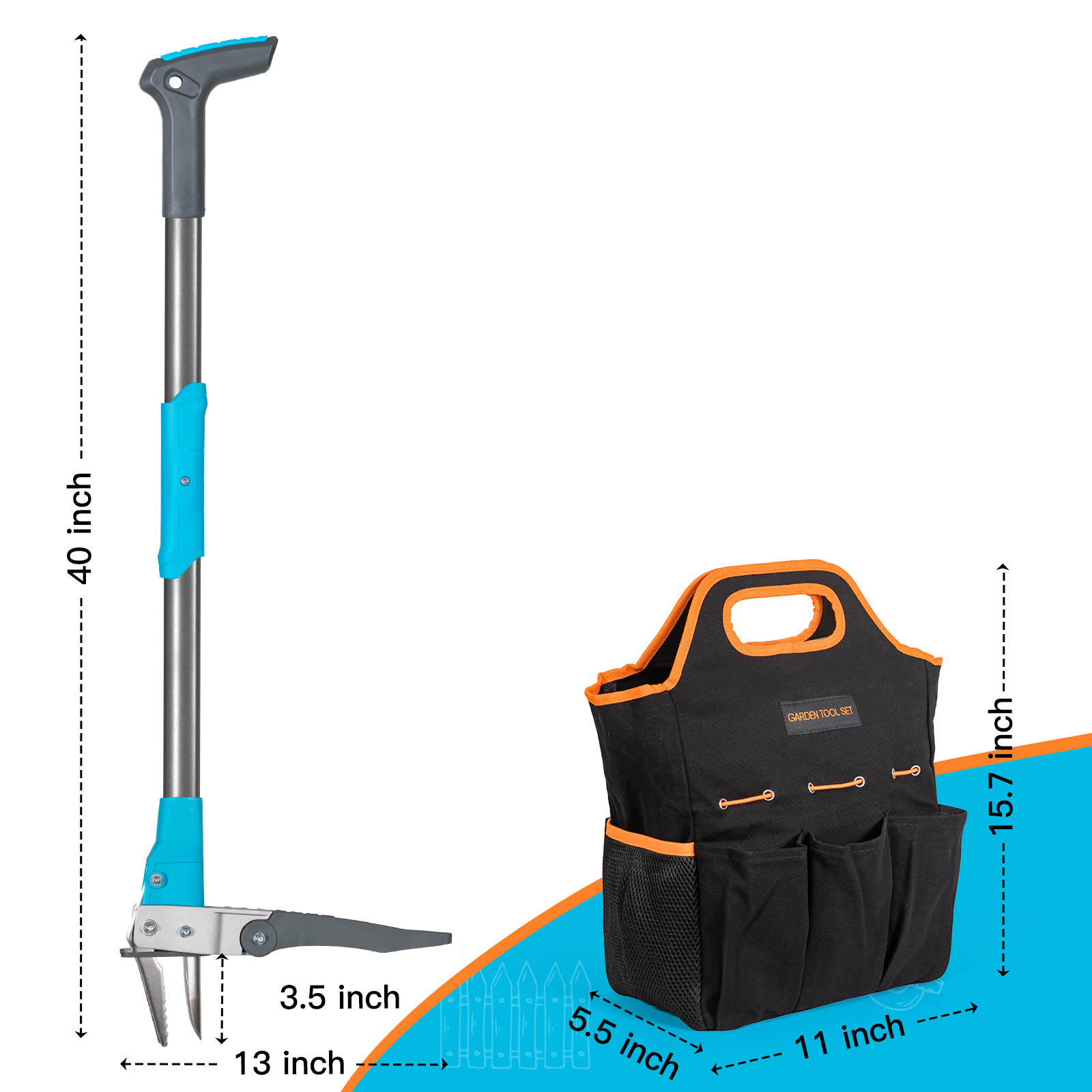 ROYALGARDEN Weed puller with 2 garden tool bags. 40in long standing weeder. garden weeding tools with 3 claws. fiberglass foot pedal. Ergonomically designed weed picker for easy weed